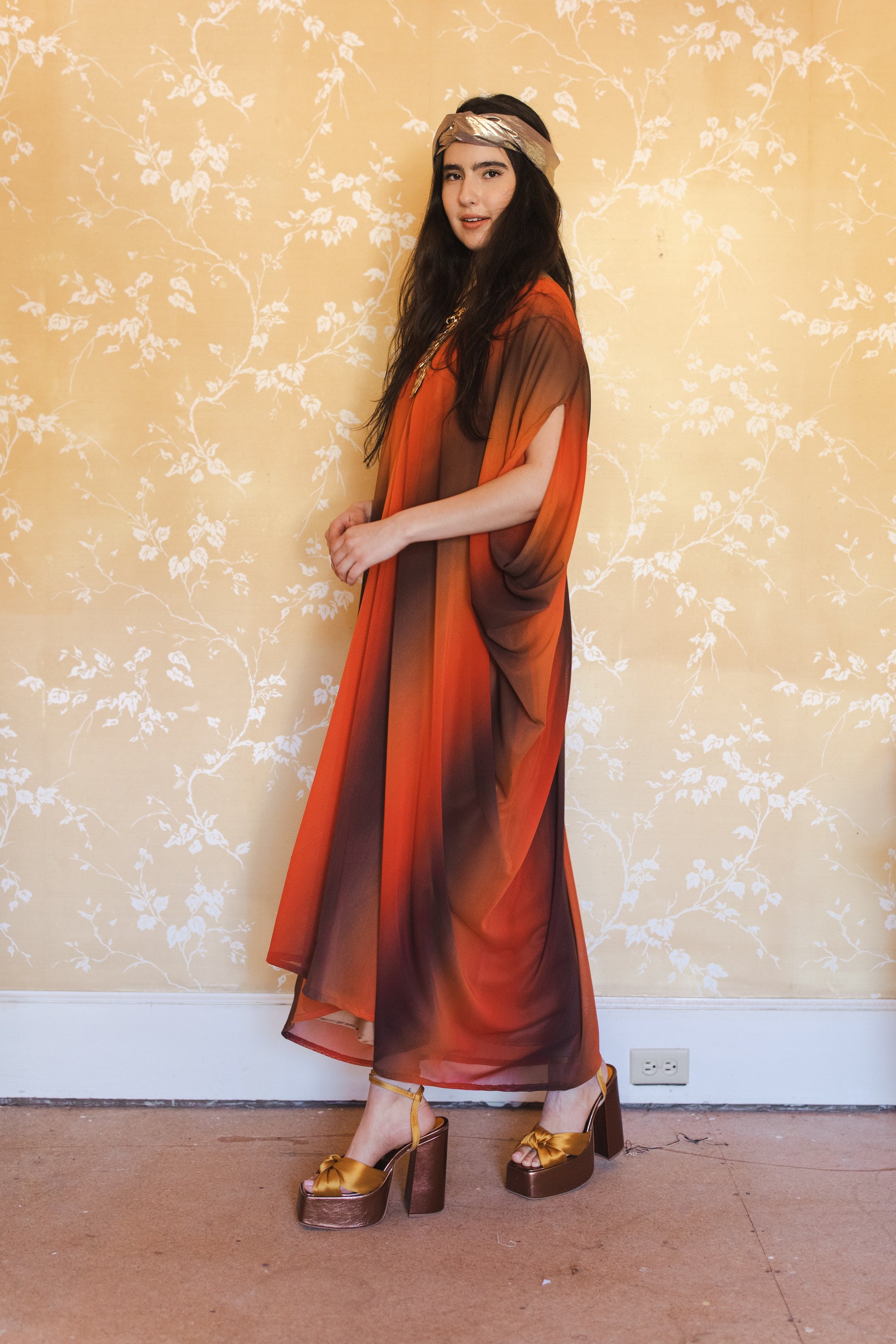 jennafer grace Hades Ombre caftan orange charcoal black wide hazy vertical stripe kaftan mumu shift dress swimsuit coverup casual boho bohemian hippie beach resort spa lounge loungewear layering unisex handmade in California USA