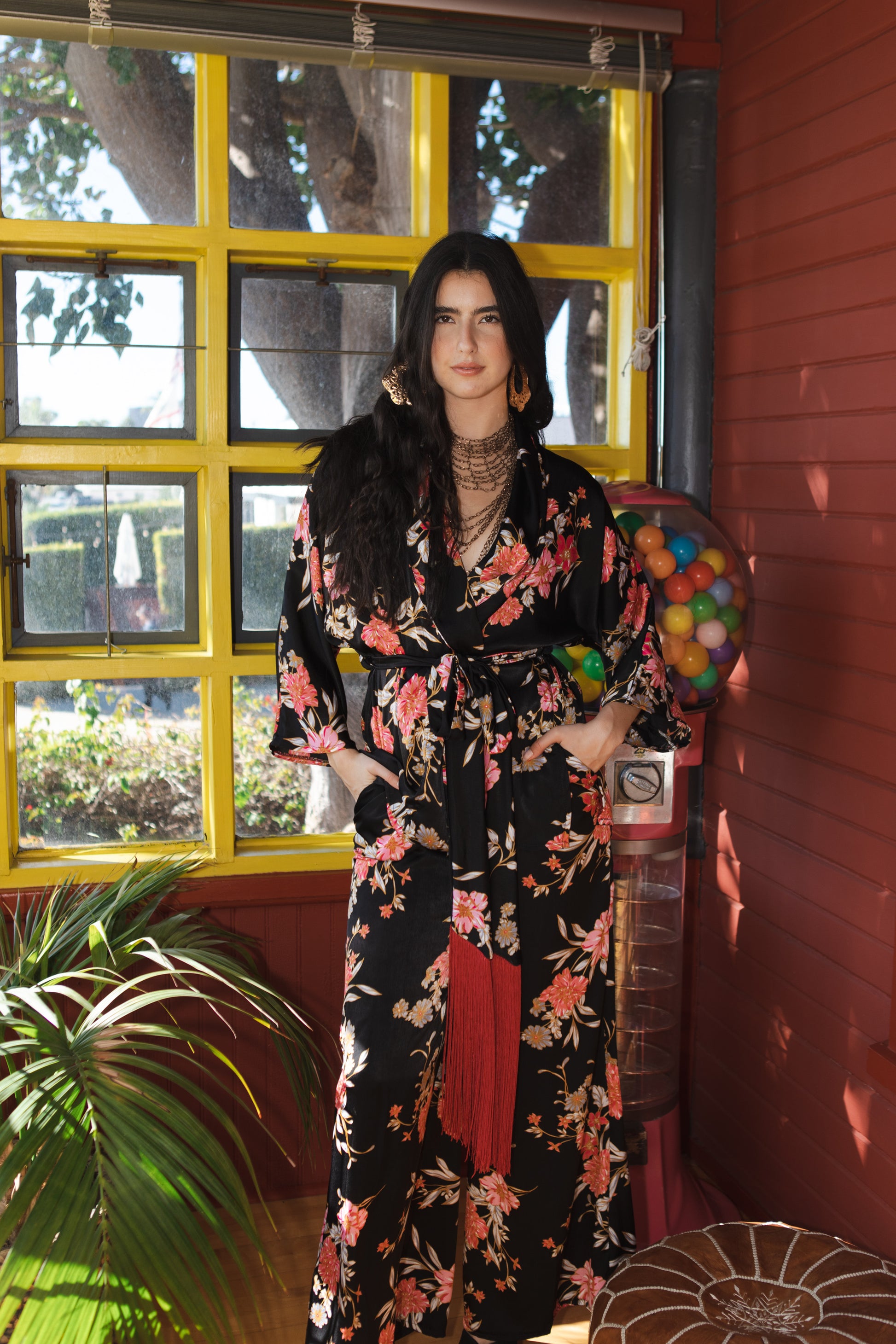 jennafer grace Harlowe dolman palazzo set silky black georgette with vibrant pink red orange floral print matching co-ord coord set wrap blouse top with tasseled belt and palazzo pant with pockets and elastic waist boho bohemian hippie romantic whimsical glamorous pajamas pjs glam lounge wear handmade in california usa