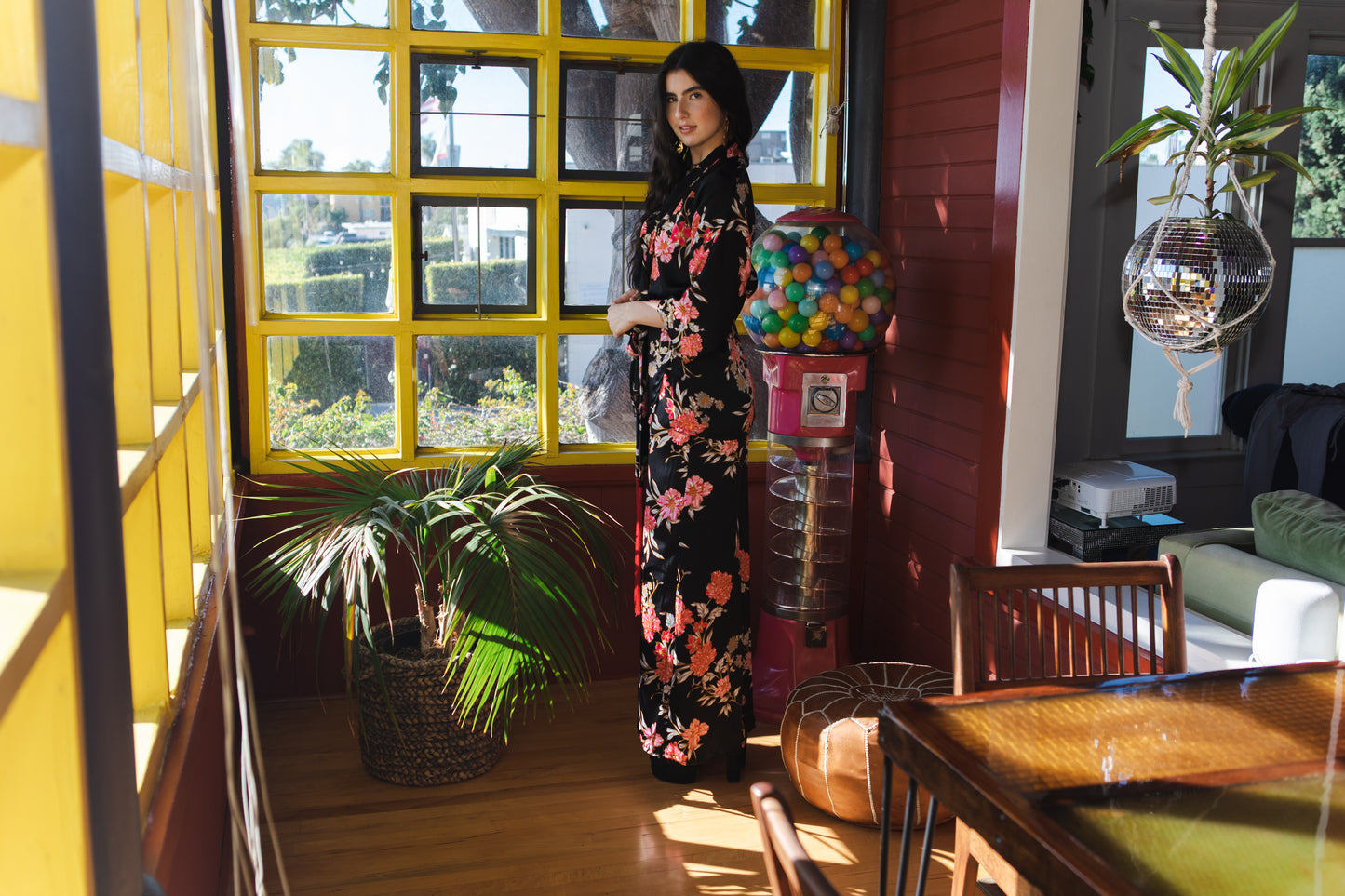jennafer grace Harlowe dolman palazzo set silky black georgette with vibrant pink red orange floral print matching co-ord coord set wrap blouse top with tasseled belt and palazzo pant with pockets and elastic waist boho bohemian hippie romantic whimsical glamorous pajamas pjs glam lounge wear handmade in california usa