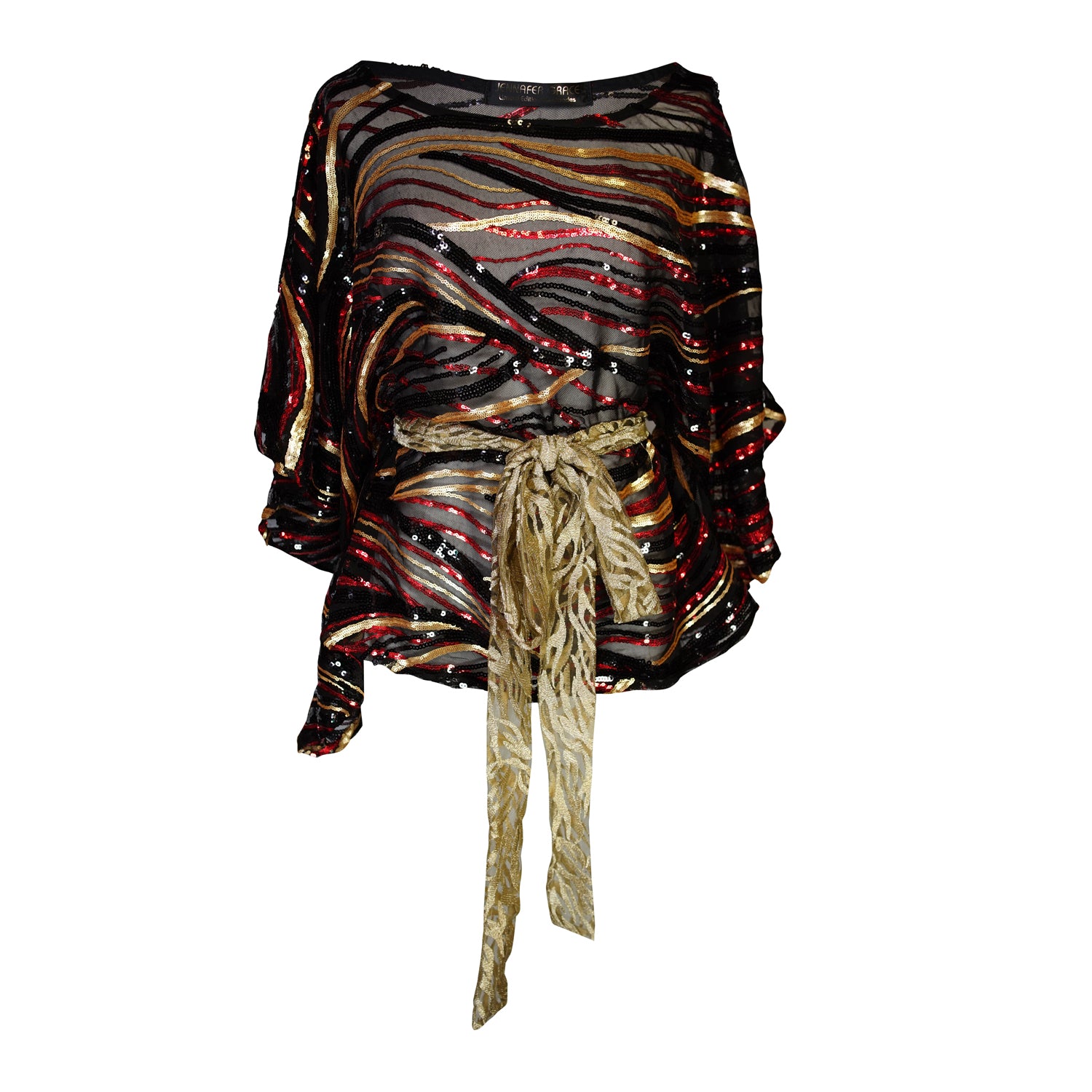Jennafer Grace Imperial Disco Poncho sequined mesh scarf top with gold sequin tie belt festive Chinese lunar new year themed semi-sheer blouse with gold red black sequin abstract tiger stripes boho bohemian hippie romantic whimsical unisex handmade in California USA