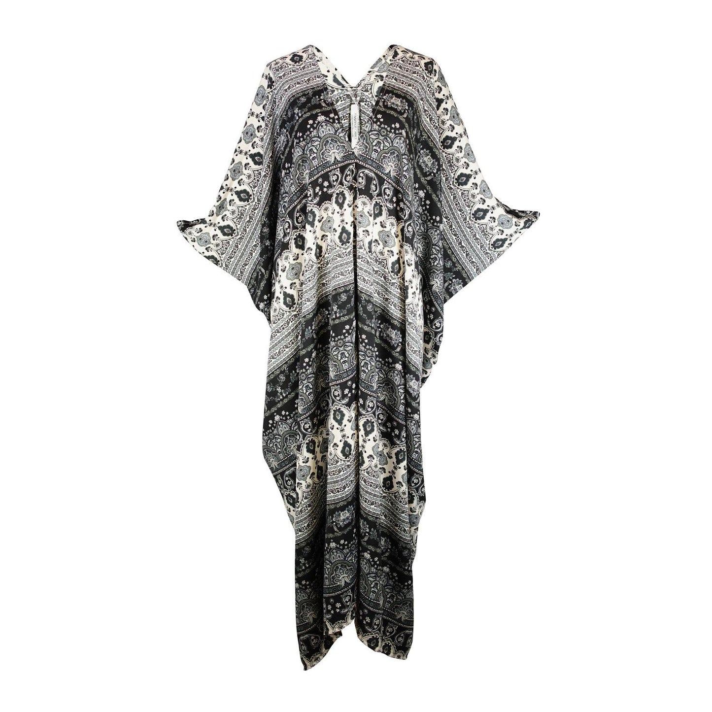 caftan mumu shift dress coverup black white paisley bold goth gothic boho bohemian hippie beach resort spa lounge loungewear layering unisex handmade