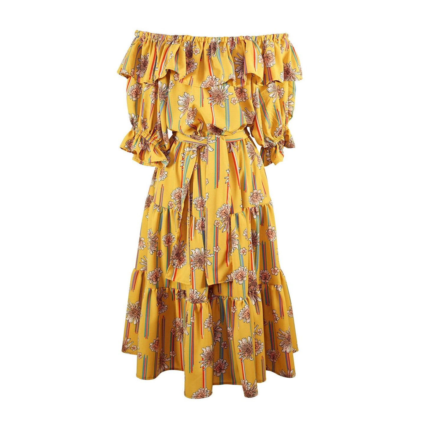 yellow, floral, ruffle, ruffle dress, off the shoulder, flowy, tiered, boho, jennafergrace, handmade, madeinusa