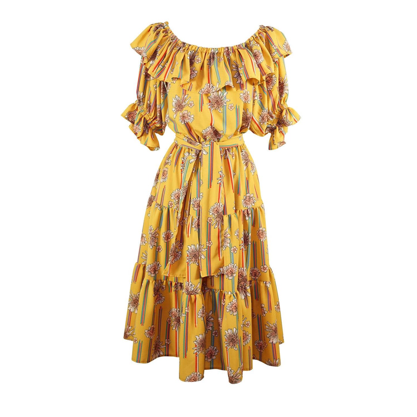 yellow, floral, ruffle, ruffle dress, off the shoulder, flowy, tiered, boho, jennafergrace, handmade, madeinusa