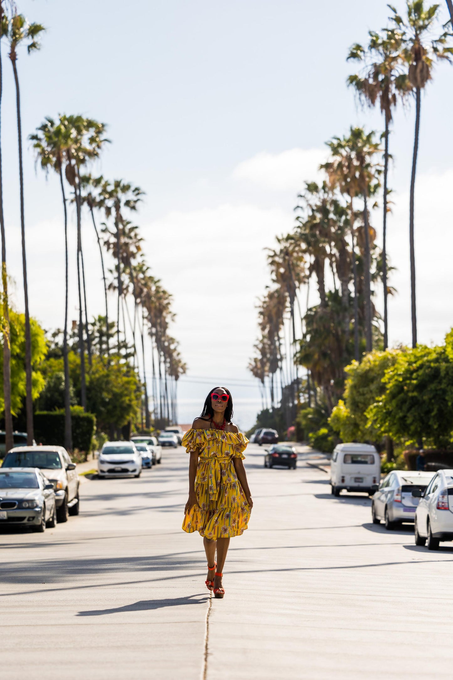 yellow, floral, ruffle, ruffle dress, off the shoulder, flowy, tiered, boho, jennafergrace, handmade, madeinusa