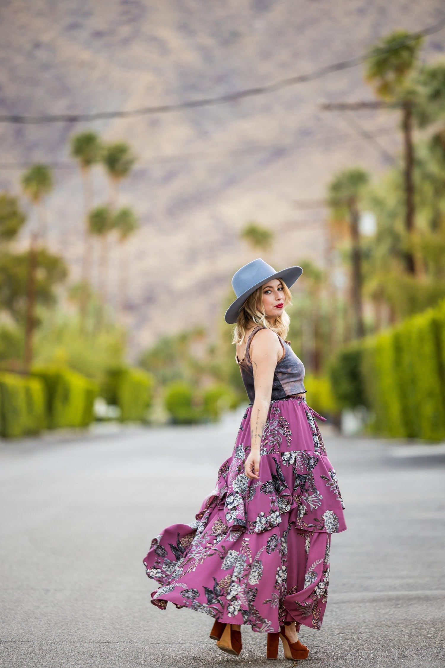 jennafer grace stevie nicks inspired hippie boho bohemian layered skirt floral lilac purple pink print handmade