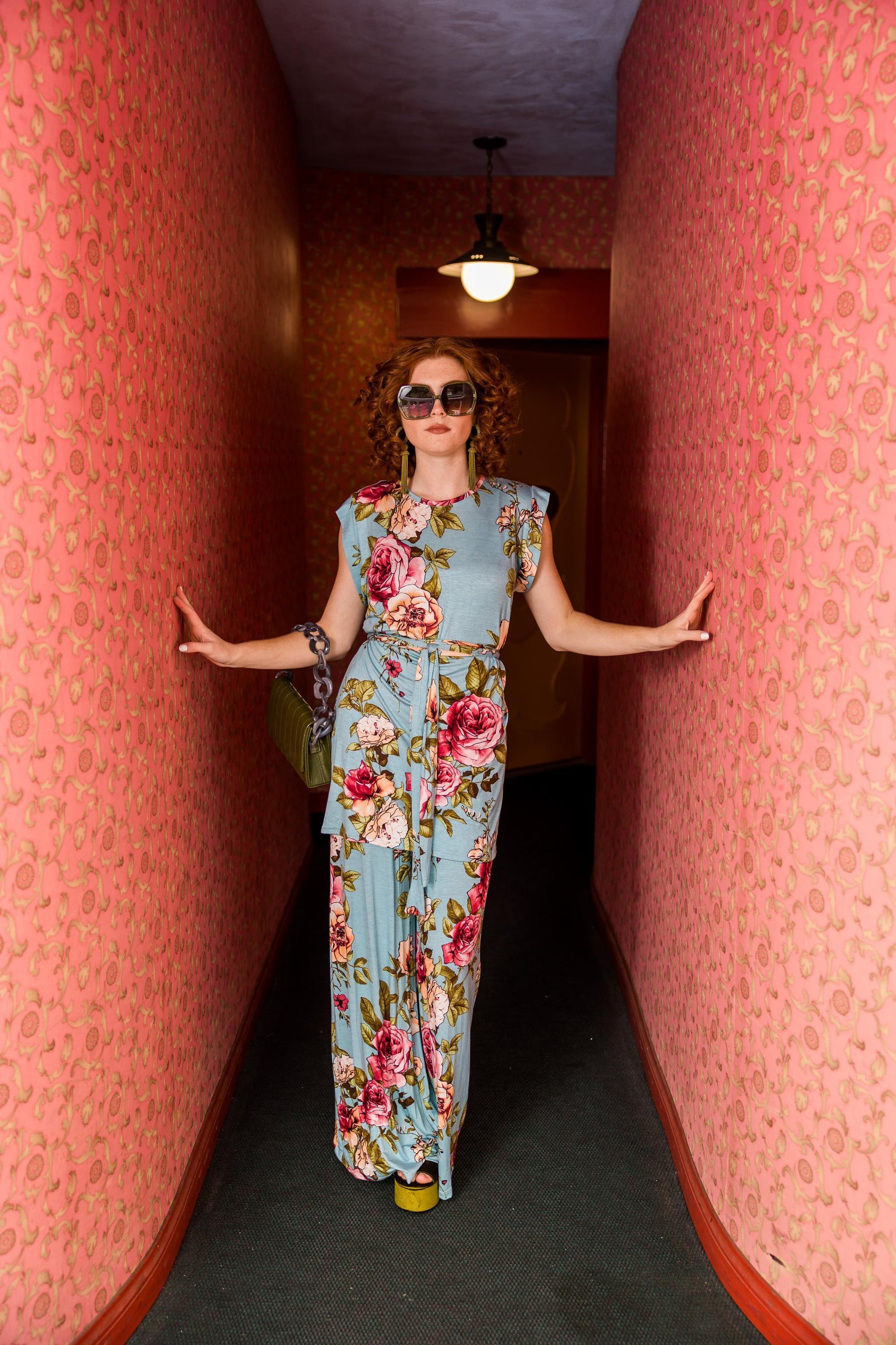 jennafer grace loteria floral tunic palazzo pant matching set coord co-ord light blue pink flowers boho bohemian hippie lounge loungewear resort cabana beach unisex handmade