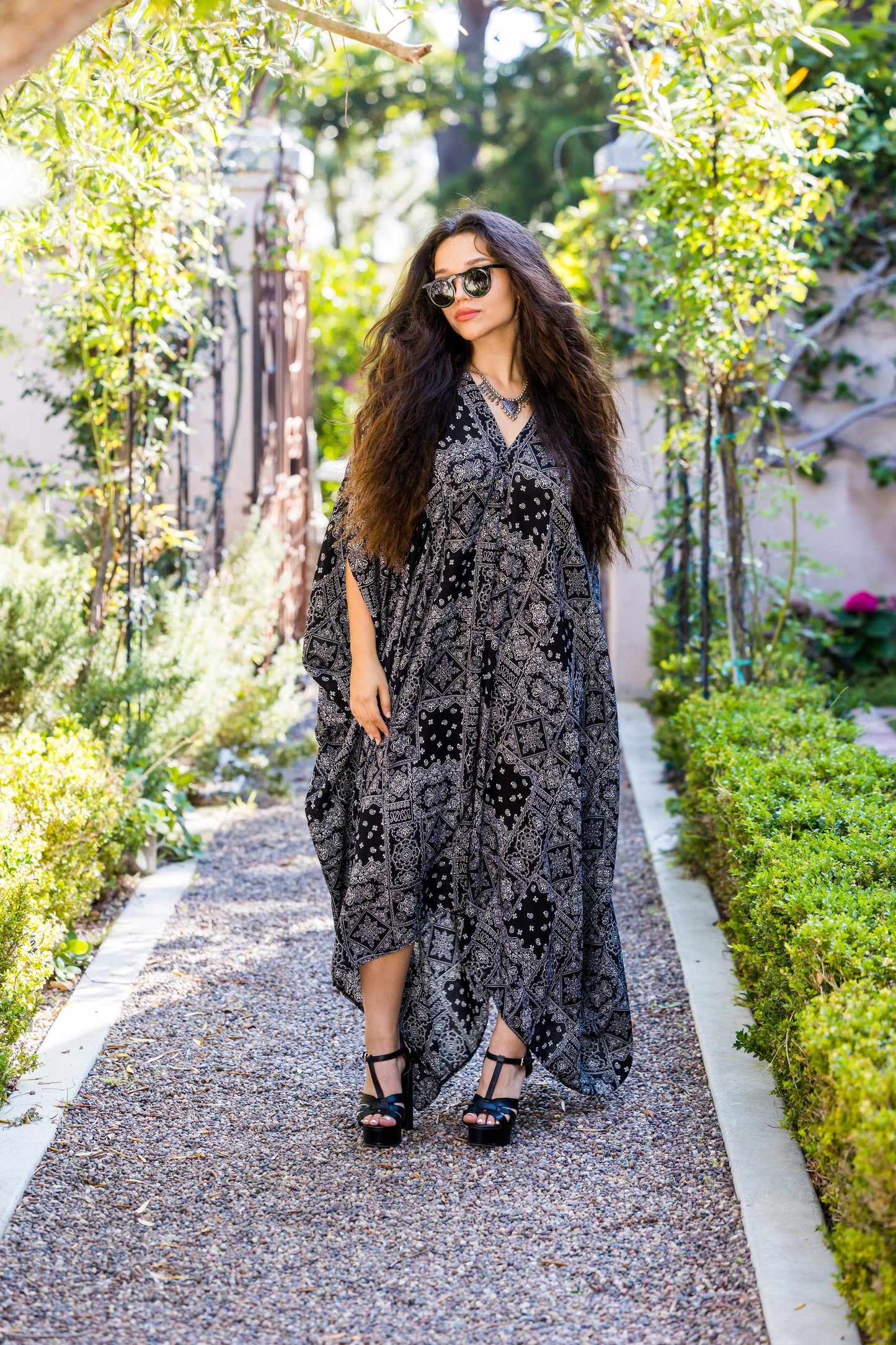 lucia caftan kaftan alohacaftan jennafergrace handmade black white paisley bandana scart print pattern 