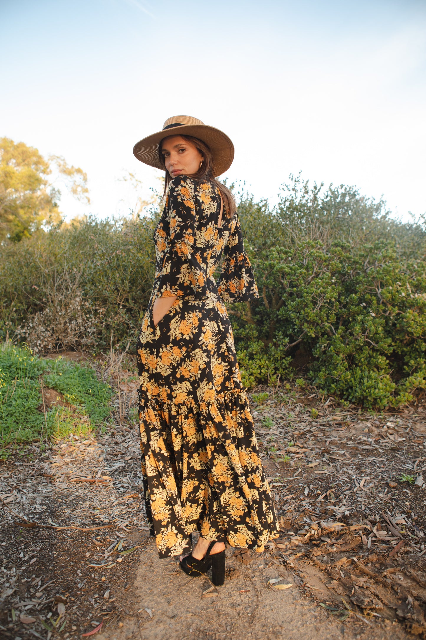 Jennafer Grace Marigold Blossom 1-Tier ruffle dress mustard yellow floral on black summer dress spring evening gown full circle skirt bell sleeves gothic boho bohemian hippie romantic whimsical unisex handmade in California USA