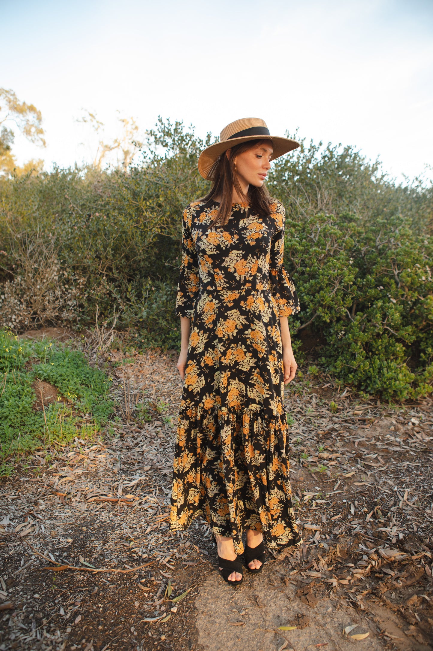 Jennafer Grace Marigold Blossom 1-Tier ruffle dress mustard yellow floral on black summer dress spring evening gown full circle skirt bell sleeves gothic boho bohemian hippie romantic whimsical unisex handmade in California USA