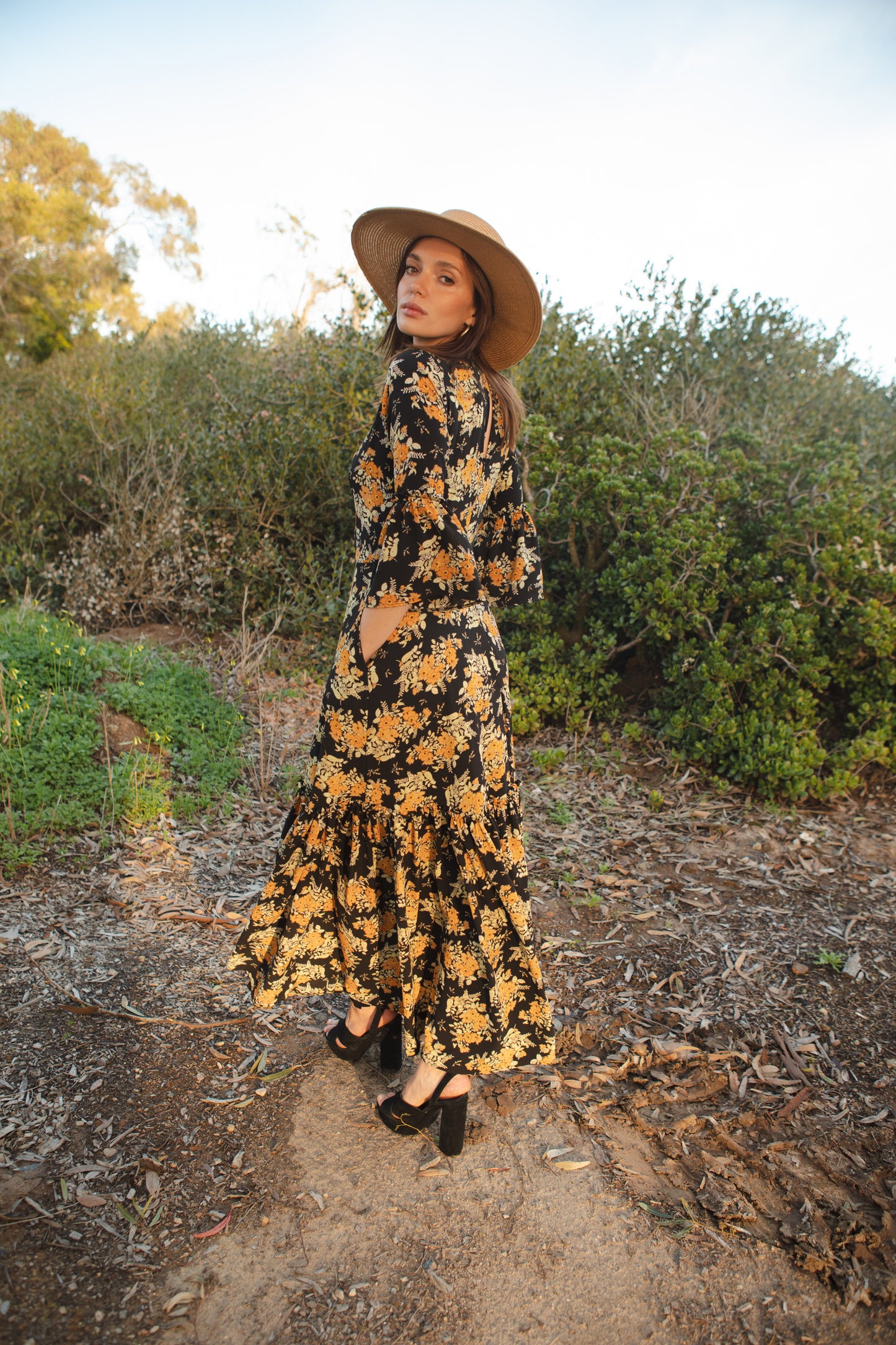 Jennafer Grace Marigold Blossom 1-Tier ruffle dress mustard yellow floral on black summer dress spring evening gown full circle skirt bell sleeves gothic boho bohemian hippie romantic whimsical unisex handmade in California USA