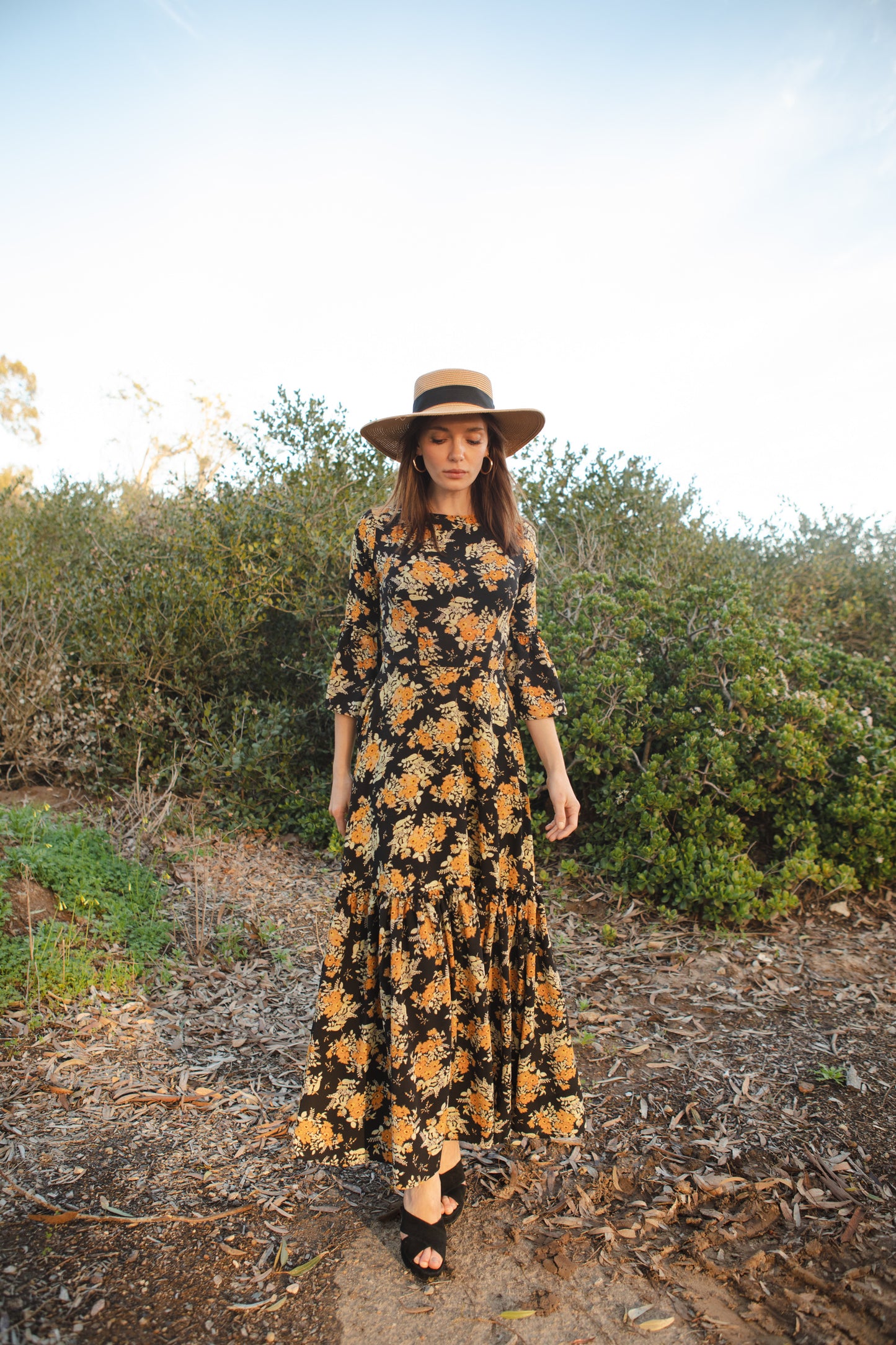 Jennafer Grace Marigold Blossom 1-Tier ruffle dress mustard yellow floral on black summer dress spring evening gown full circle skirt bell sleeves gothic boho bohemian hippie romantic whimsical unisex handmade in California USA