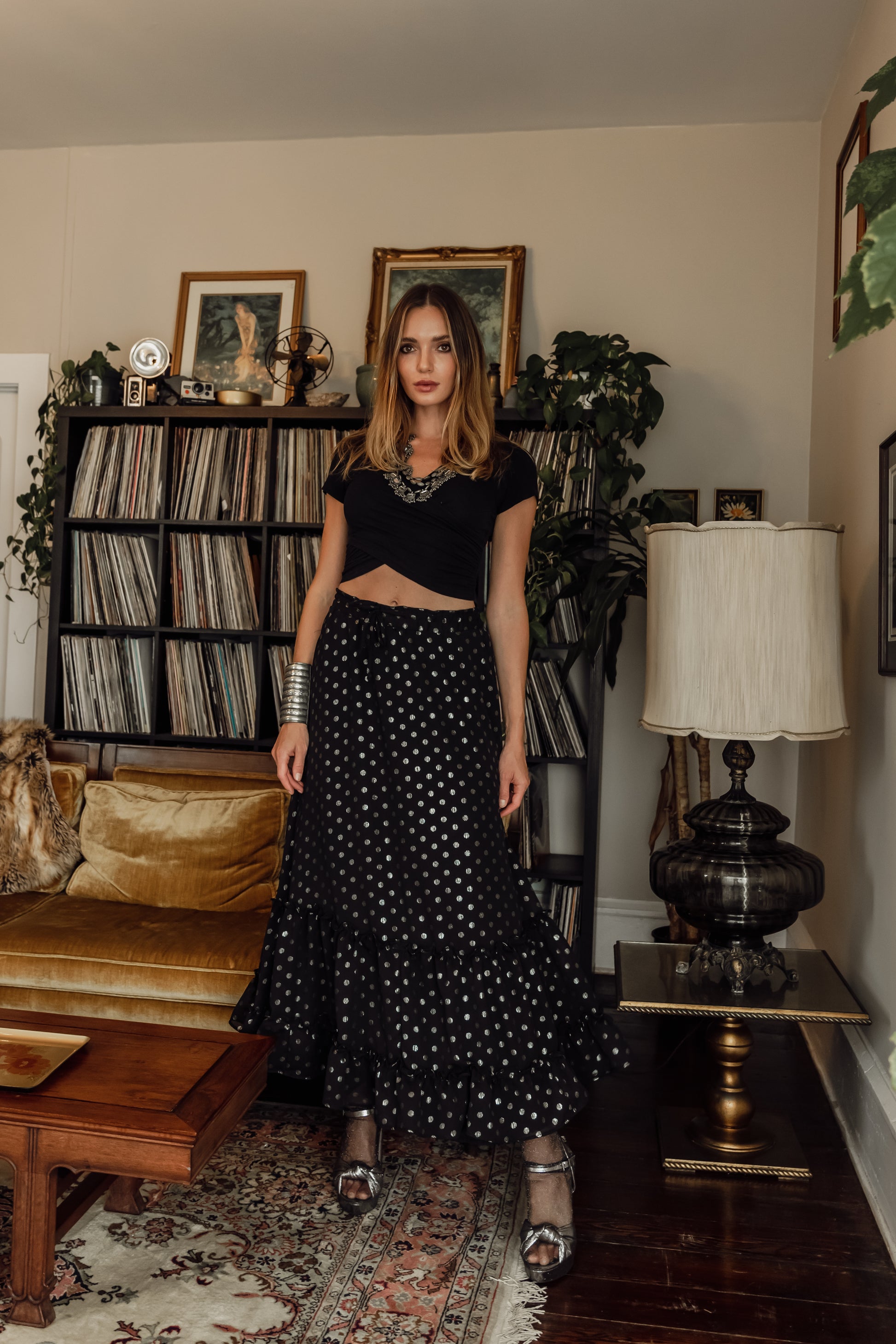 Polka dot maxi skirt outfit Clearance