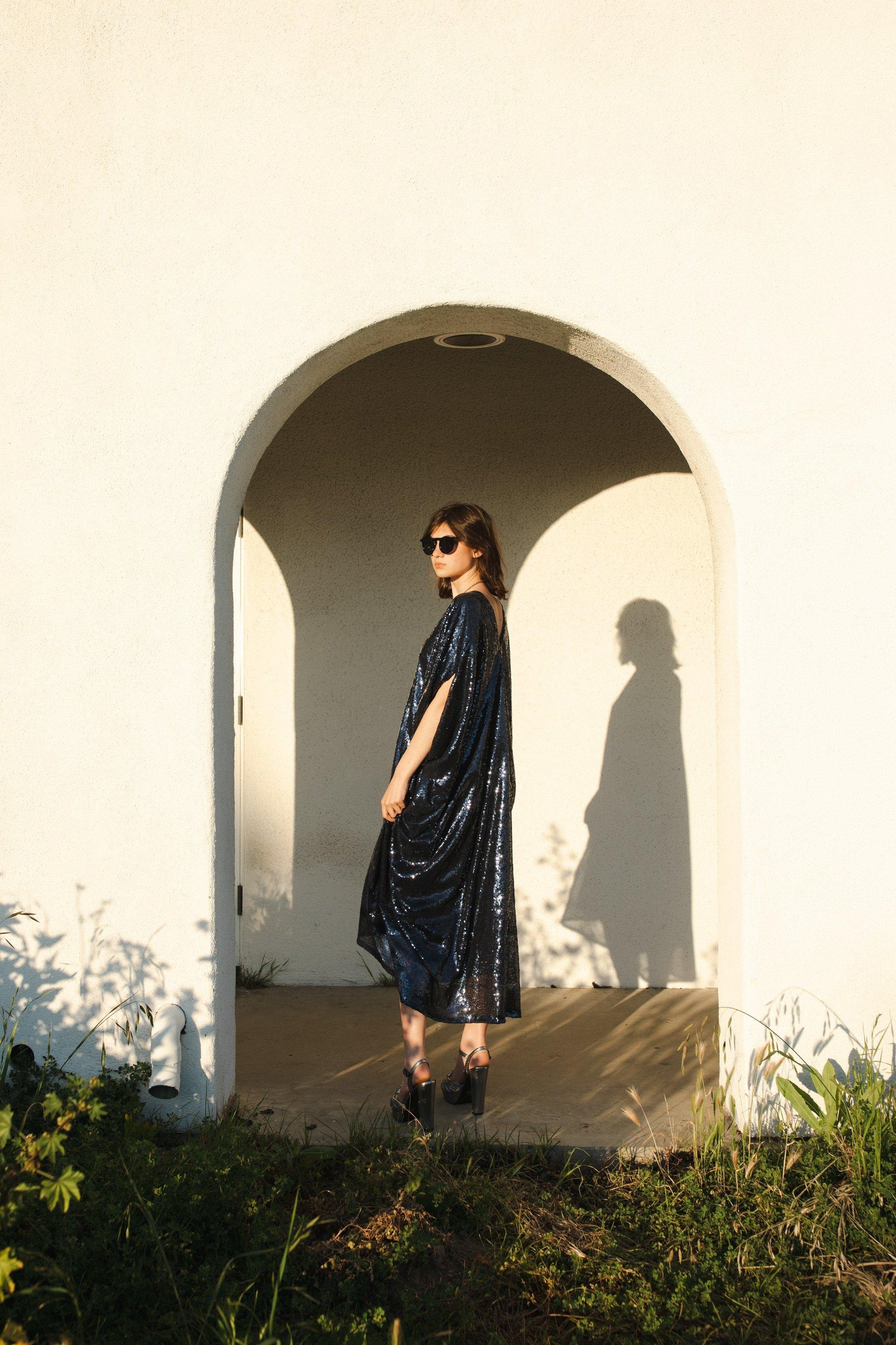 jennafer grace kaftan caftan midnight blue indigo navy sequin sequined mumu shift dress coverup deep v resort holiday cocktail party unisex handmade