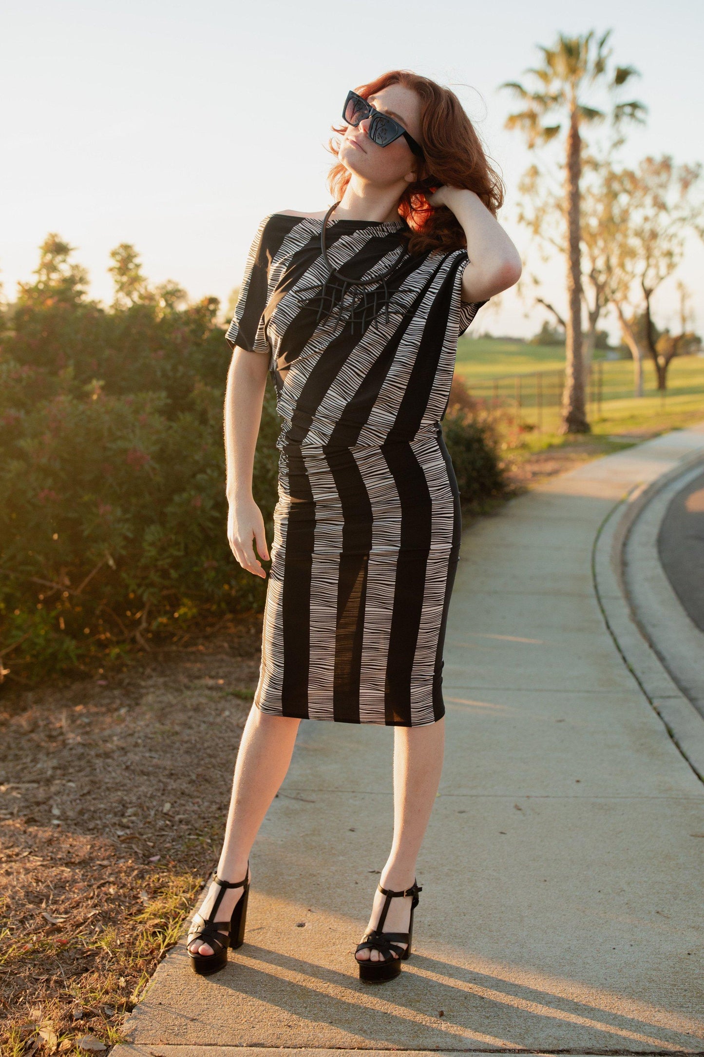 jennafer grace miss spider angle dress evening wear cocktail off shoulder one shoulder boat neck simple sexy bold black and white striped stripes gothic boho bohemian hippie handmade