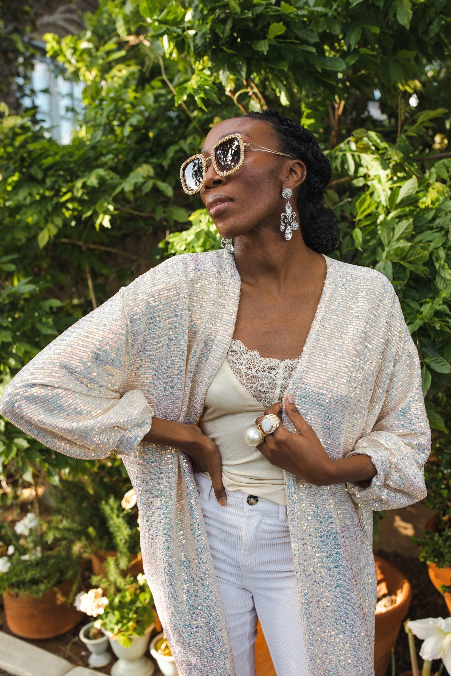 jennafer grace moonstone sequin sequined cocoon jacket duster cardigan opera coat iridescent ivory white boho bohemian hippie bride bridal unisex handmade