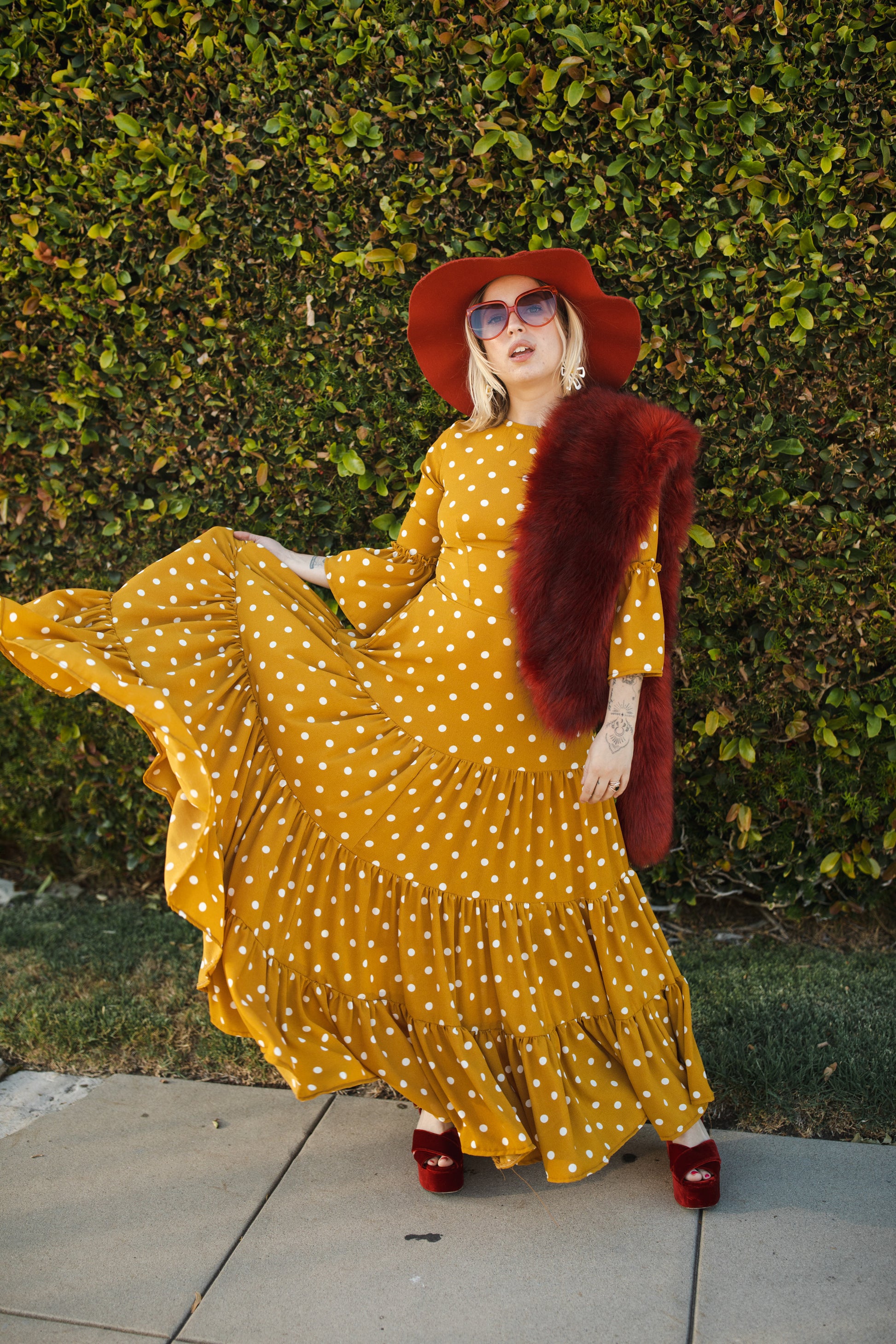 Petite Mustard Polka Dot 3-Tier Ruffle Dress – Jennafer Grace