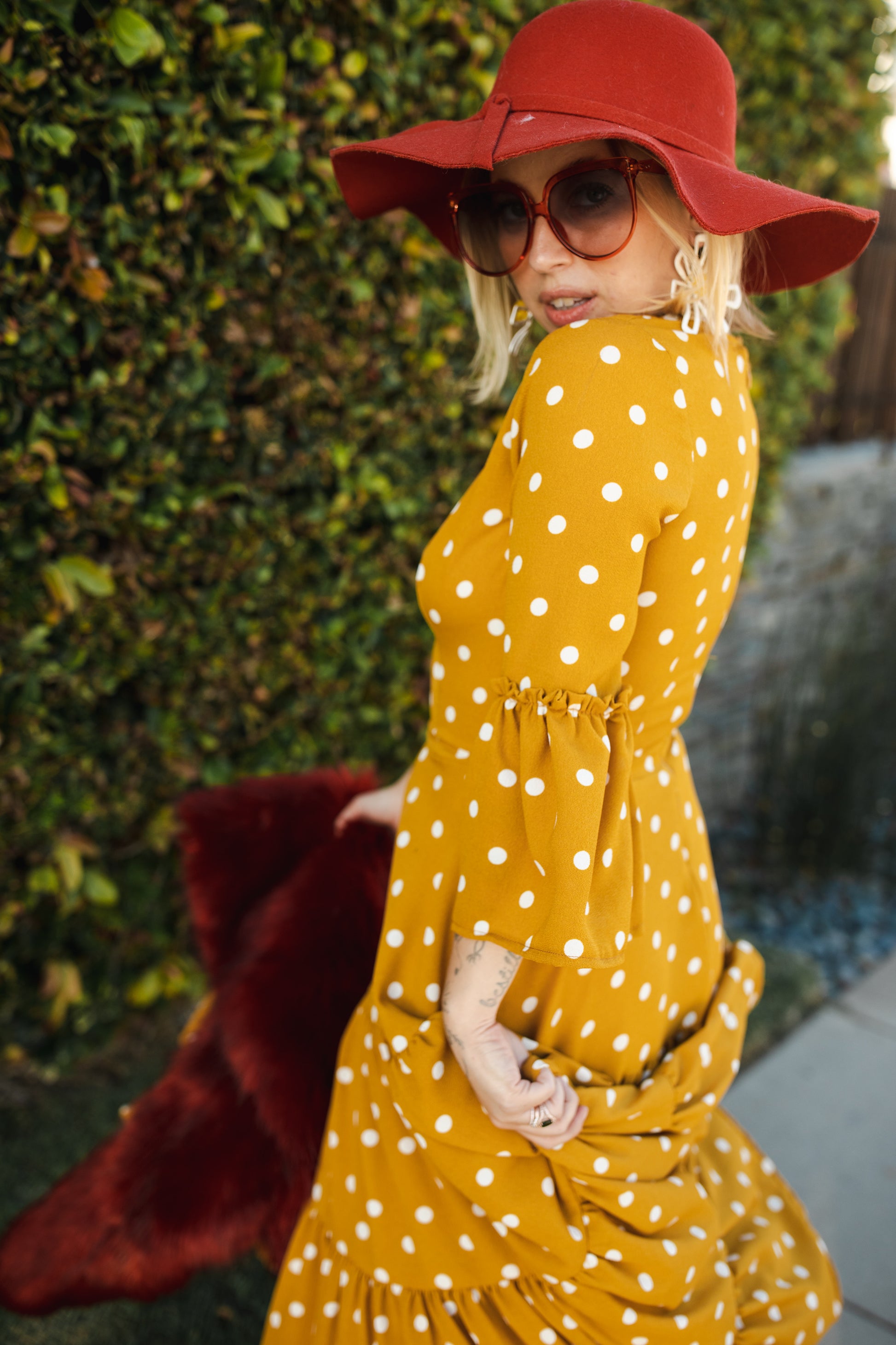 Jennafer Grace Petite Mustard Polka Dot ruffle dress ochre yellow white polka dots summer dress spring evening gown full circle skirt bell sleeves boho bohemian hippie romantic whimsical unisex handmade in California USA