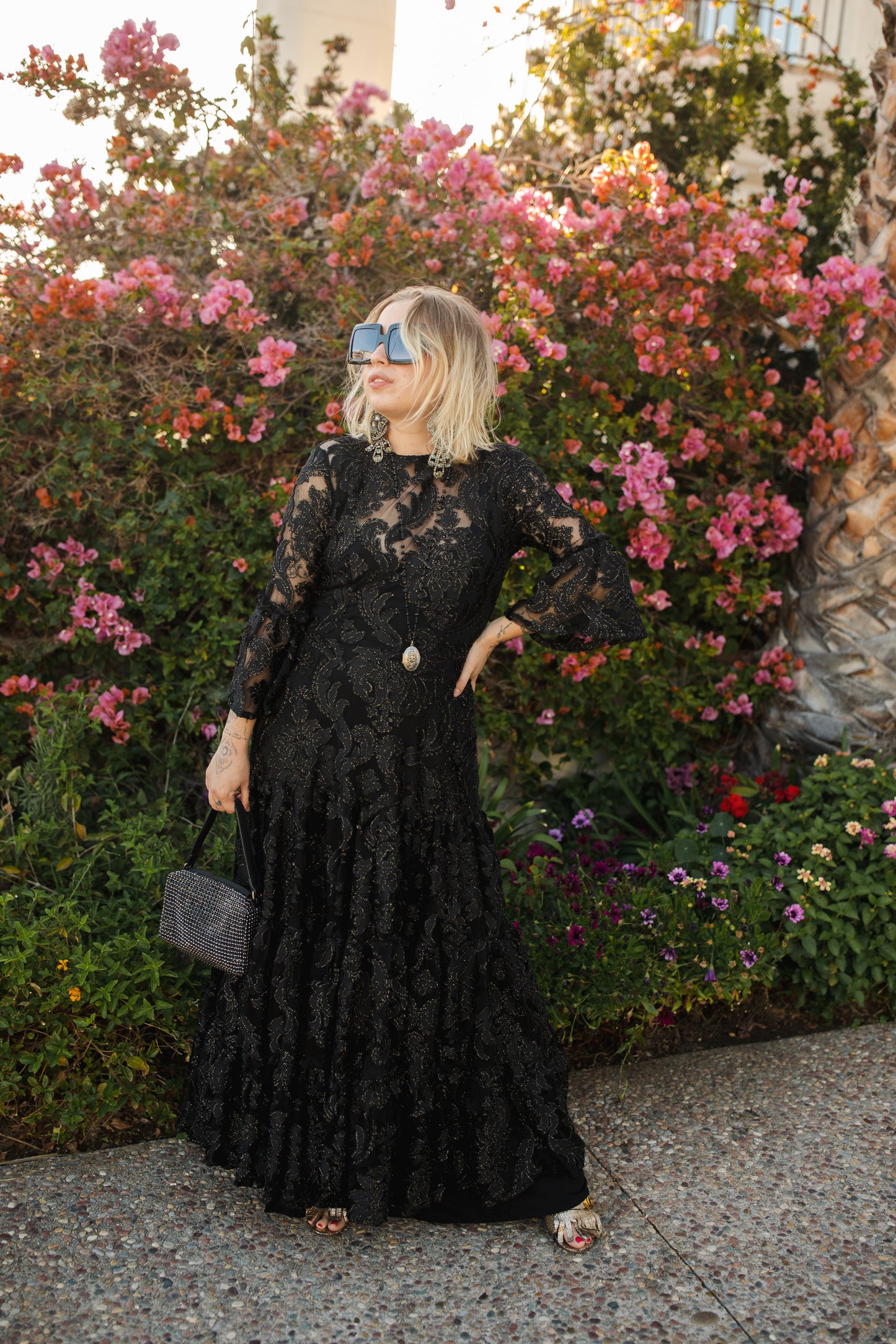 jennafer grace petite mystic lace ruffle dress 3 tiered skirt semi-sheer black lace gold metallic thread shimmery goth evening gown gothic boho bohemian hippie romantic whimsical handmade in california usa