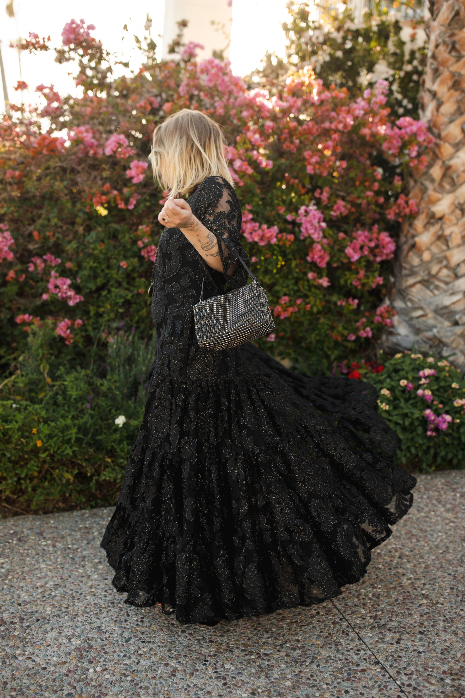 jennafer grace petite mystic lace ruffle dress 3 tiered skirt semi-sheer black lace gold metallic thread shimmery goth evening gown gothic boho bohemian hippie romantic whimsical handmade in california usa