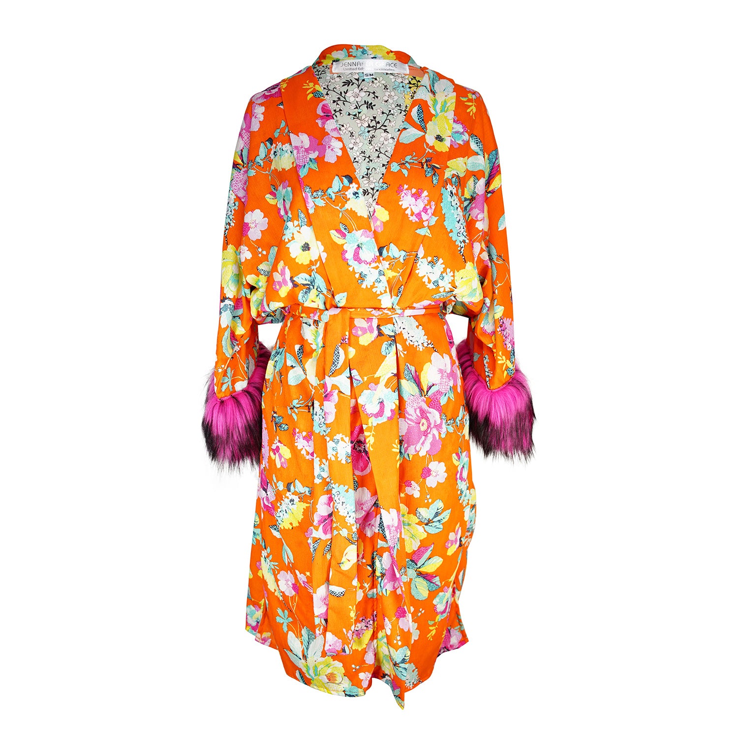 jennafer grace Neo Flora Faux Fur Koi Kimono neon orange floral pink yellow blue flowers contrast lining hot pink fuchsia faux fur cuffs duster jacket robe retro 90s revival boho bohemian romantic whimsical old hollywood glam unisex handmade in California USA