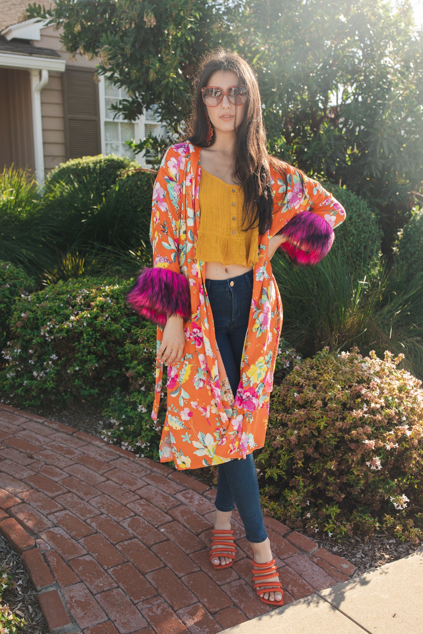 jennafer grace Neo Flora Faux Fur Koi Kimono neon orange floral pink yellow blue flowers contrast lining hot pink fuchsia faux fur cuffs duster jacket robe retro 90s revival boho bohemian romantic whimsical old hollywood glam unisex handmade in California USA