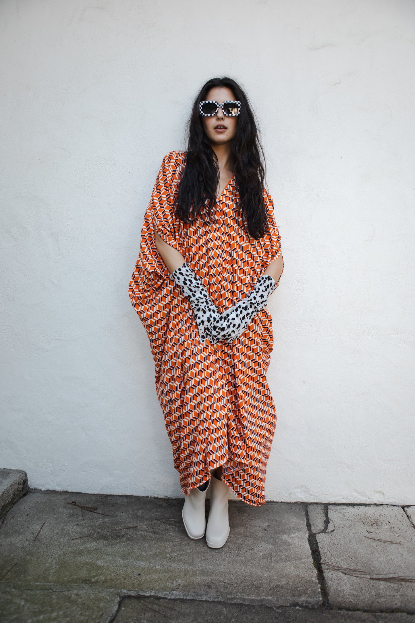jennafer grace Nero caftan orange white navy blue bold geometric mcm mid-century modern retro 60s 1960s kaftan mumu shift dress coverup casual boho bohemian hippie beach resort spa lounge loungewear layering unisex handmade in California USA