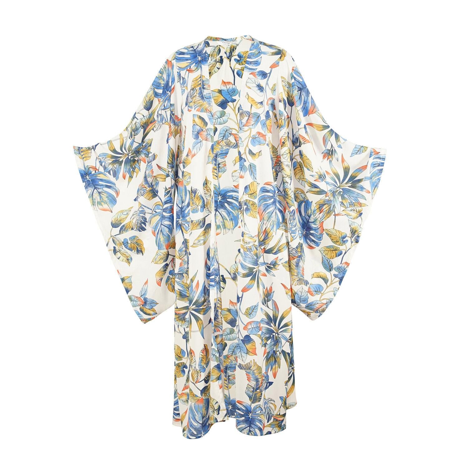 oceana, white, blue, floral, leaves, chic, boho, kimono, wrap dress, original style, jennafergrace, handmade, madeinusa