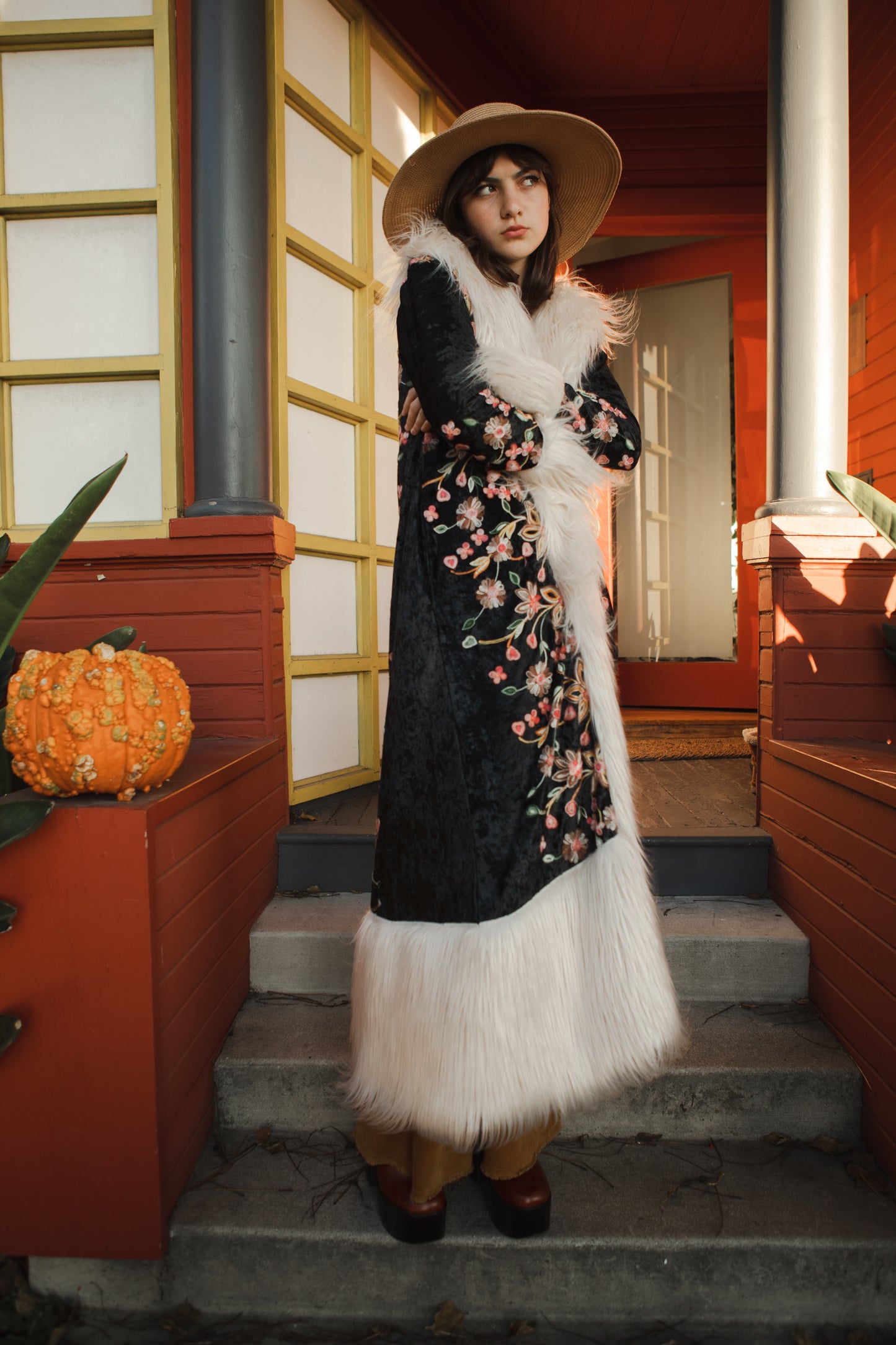 jennafer grace Harmony Embroidered Velvet deluxe penny lane faux fur duster jacket coat almost famous klaus hargreeves ivory cream faux fur dark floral embroidered velvet goth gothic boho bohemian hippie romantic whimsical retro opera coat 70s revival 1970s unisex handmade in California USA