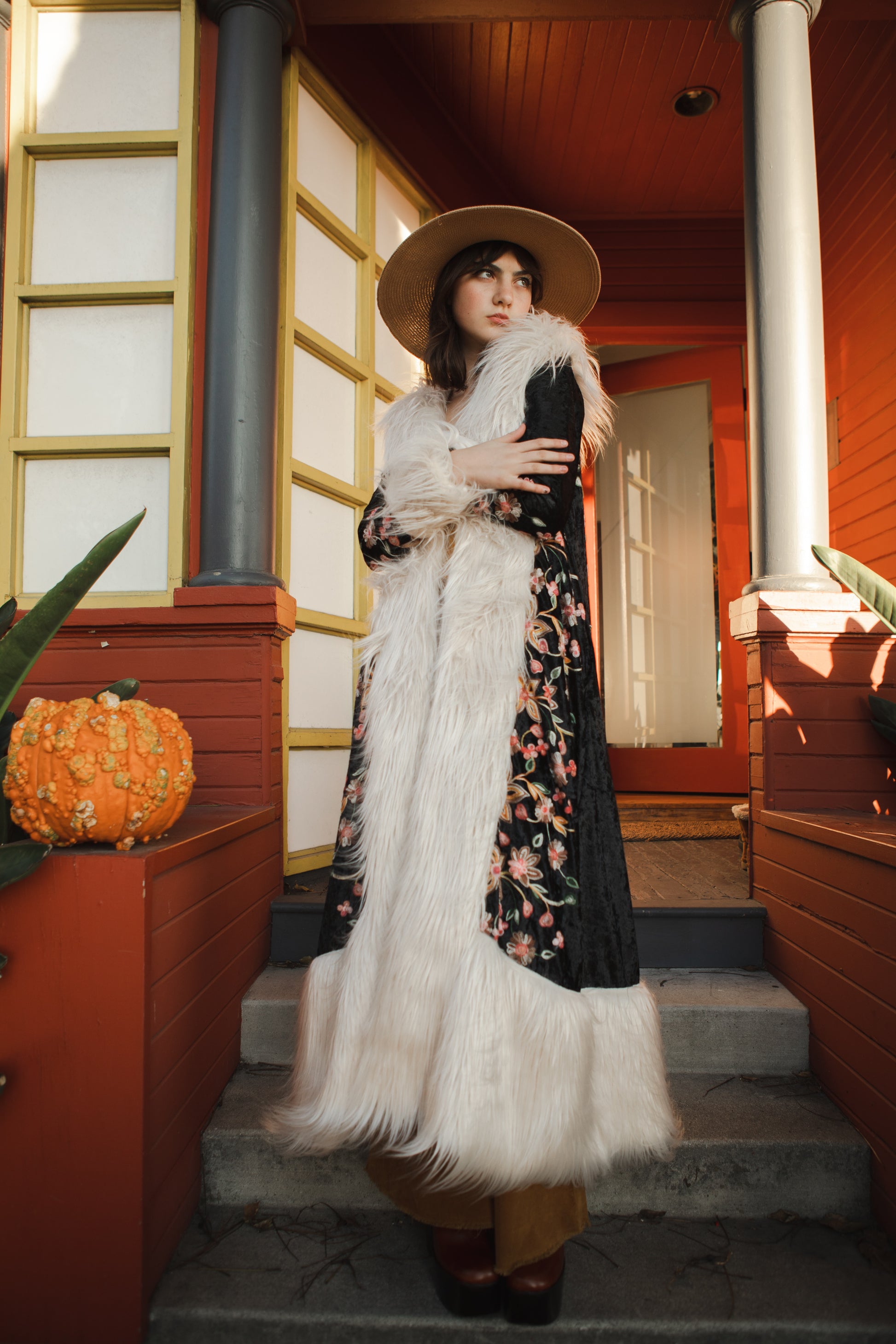 jennafer grace Harmony Embroidered Velvet deluxe penny lane faux fur duster jacket coat almost famous klaus hargreeves ivory cream faux fur dark floral embroidered velvet goth gothic boho bohemian hippie romantic whimsical retro opera coat 70s revival 1970s unisex handmade in California USA