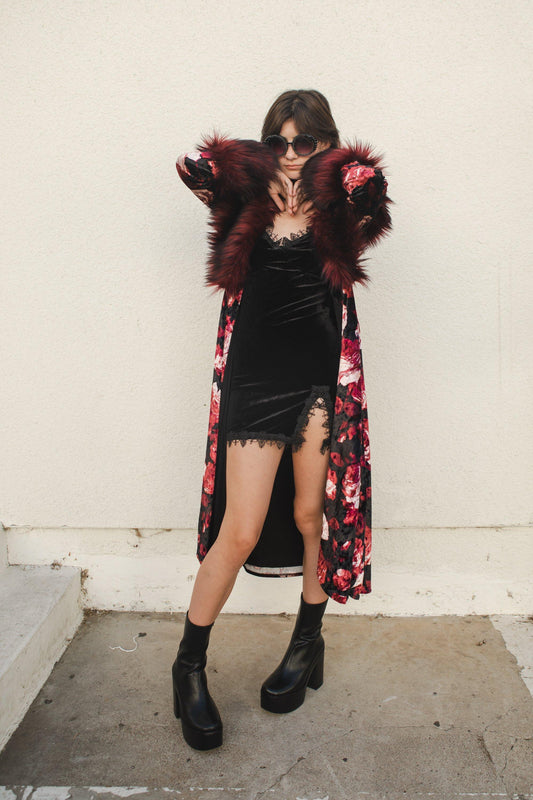 jennafer grace penny lane faux fur duster jacket almost famous klaus hargreeves black burgundy red roses floral velvet boho bohemian hippie romantic whimsical retro 70s 1970s unisex handmade