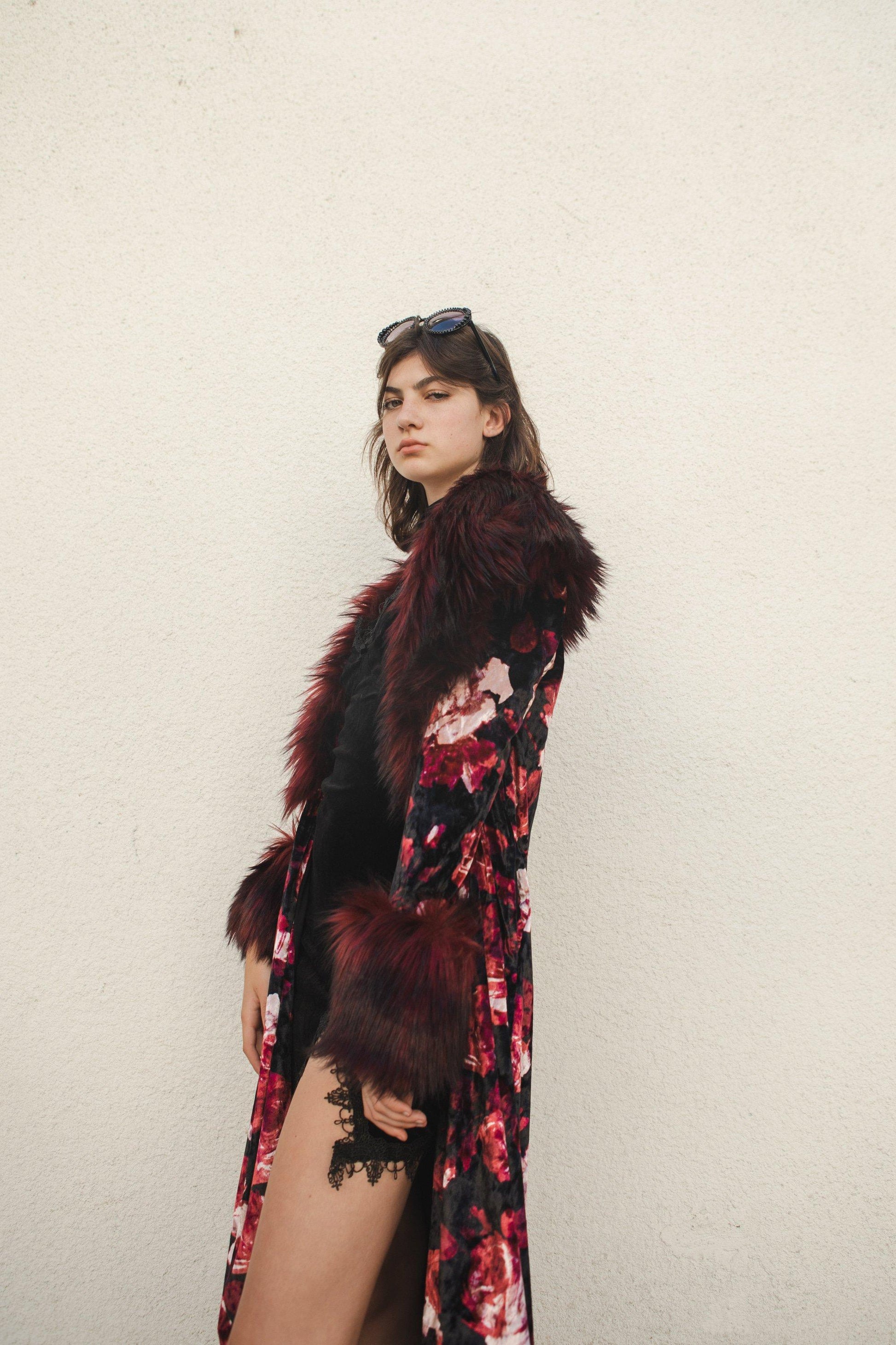 jennafer grace penny lane faux fur duster jacket almost famous klaus hargreeves black burgundy red roses floral velvet boho bohemian hippie romantic whimsical retro 70s 1970s unisex handmade
