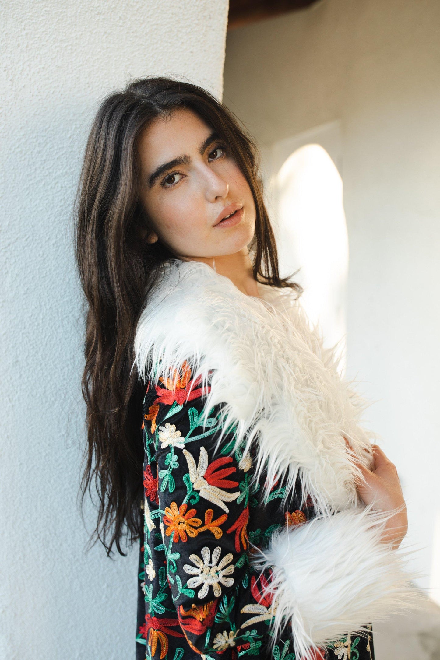 jennafer grace penny lane faux fur duster jacket almost famous klaus hargreeves black floral tulip embroidered velvet boho bohemian hippie romantic whimsical retro opera coat 70s 1970s unisex handmade