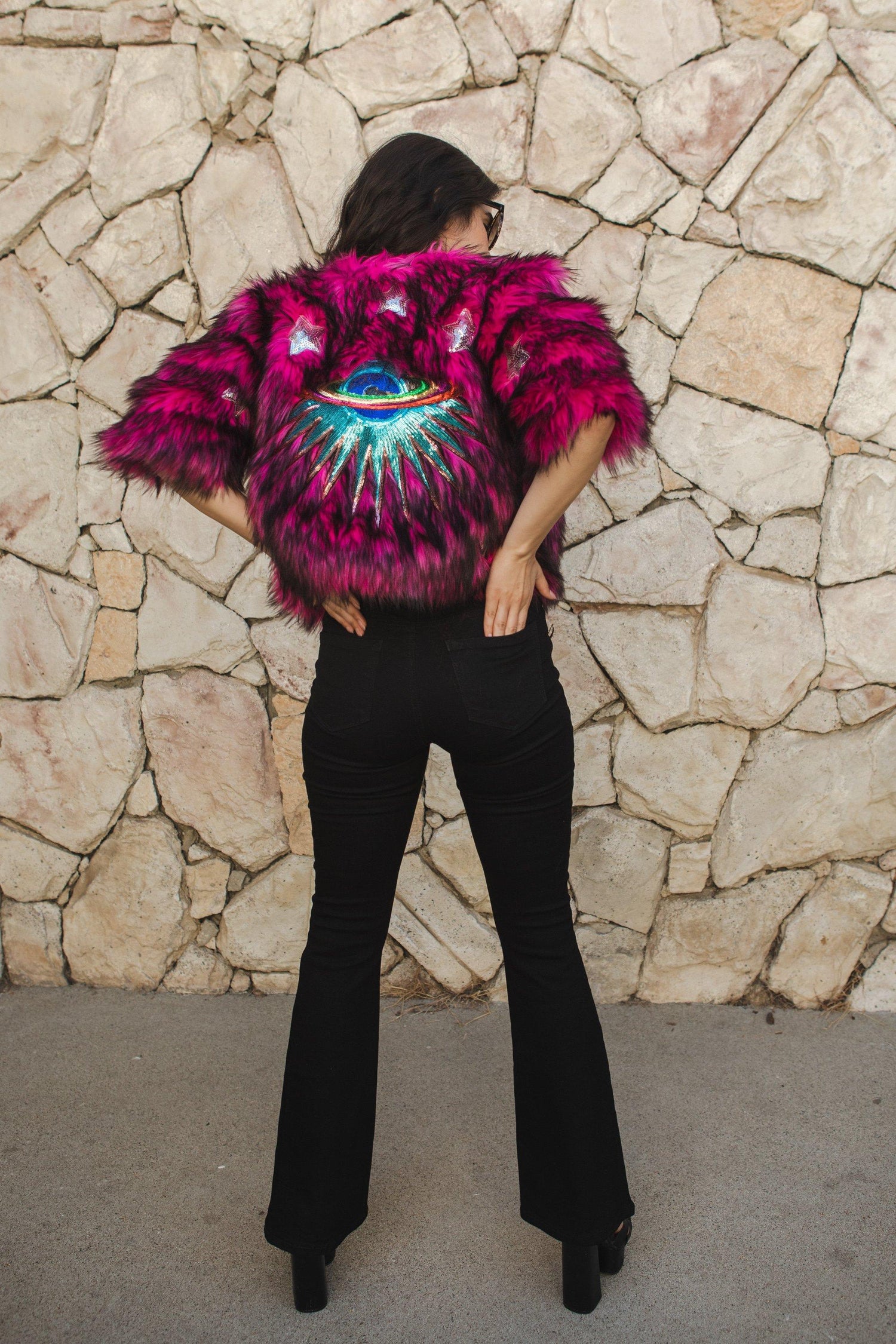jennafer grace planet queen monster pink faux fur jacket festival fashion rave raver edc crssd tomorrowland burning man streetwear high fashion boho bohemian hippie unisex handmade