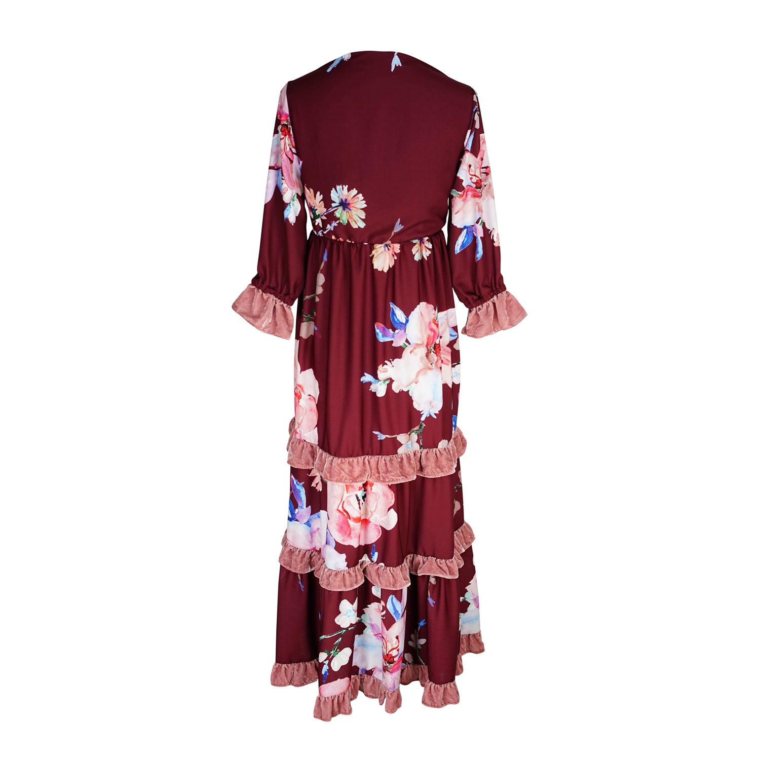 Ophelia Velvet Ruffle Maxi Dress in Plum Rose Jennafer Grace Ophelia Velvet Ruffle Maxi Dress in Plum Rose Jennafer Grace