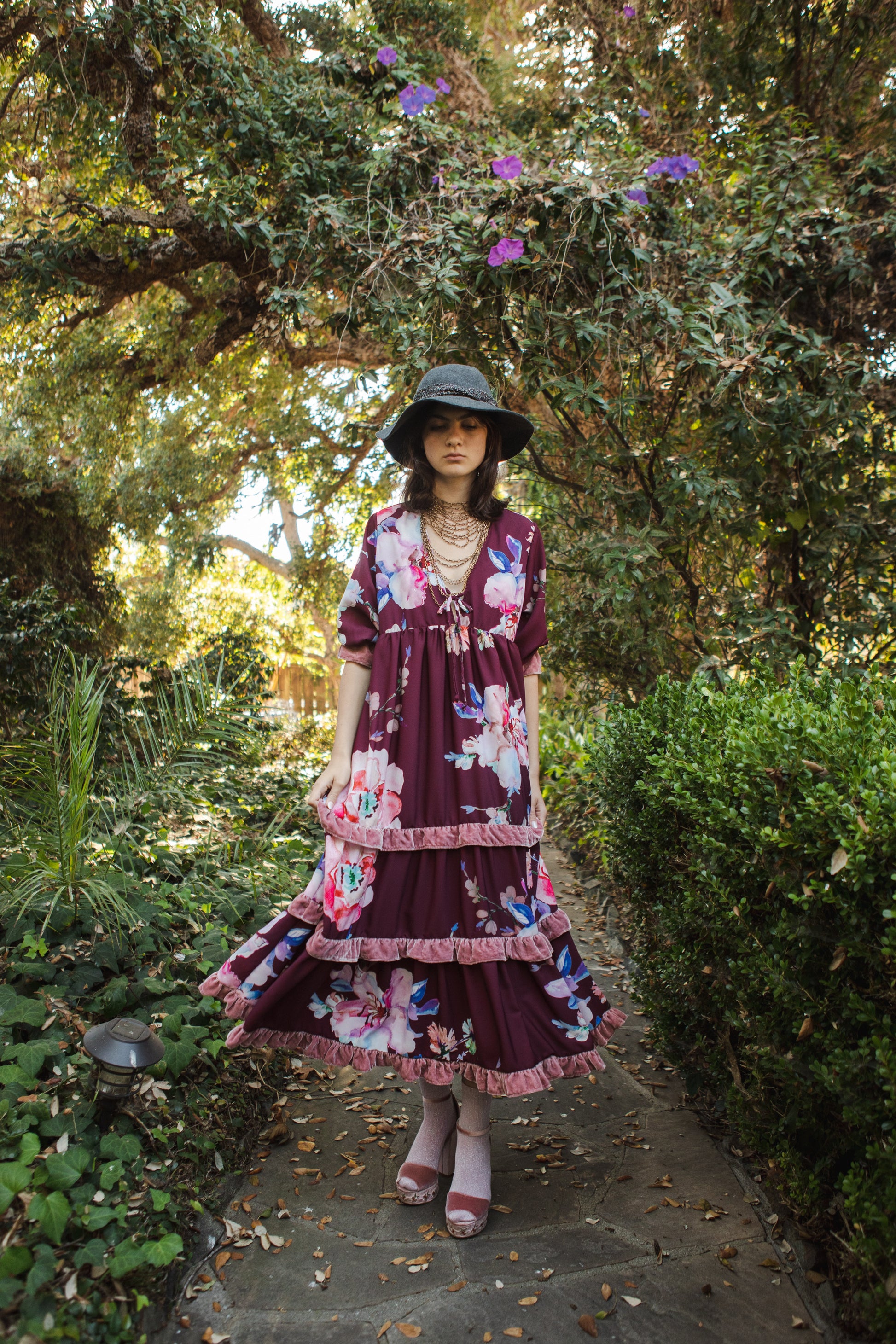plum boho dress Ophelia Velvet Ruffle Maxi Dress in Plum Rose Jennafer Grace