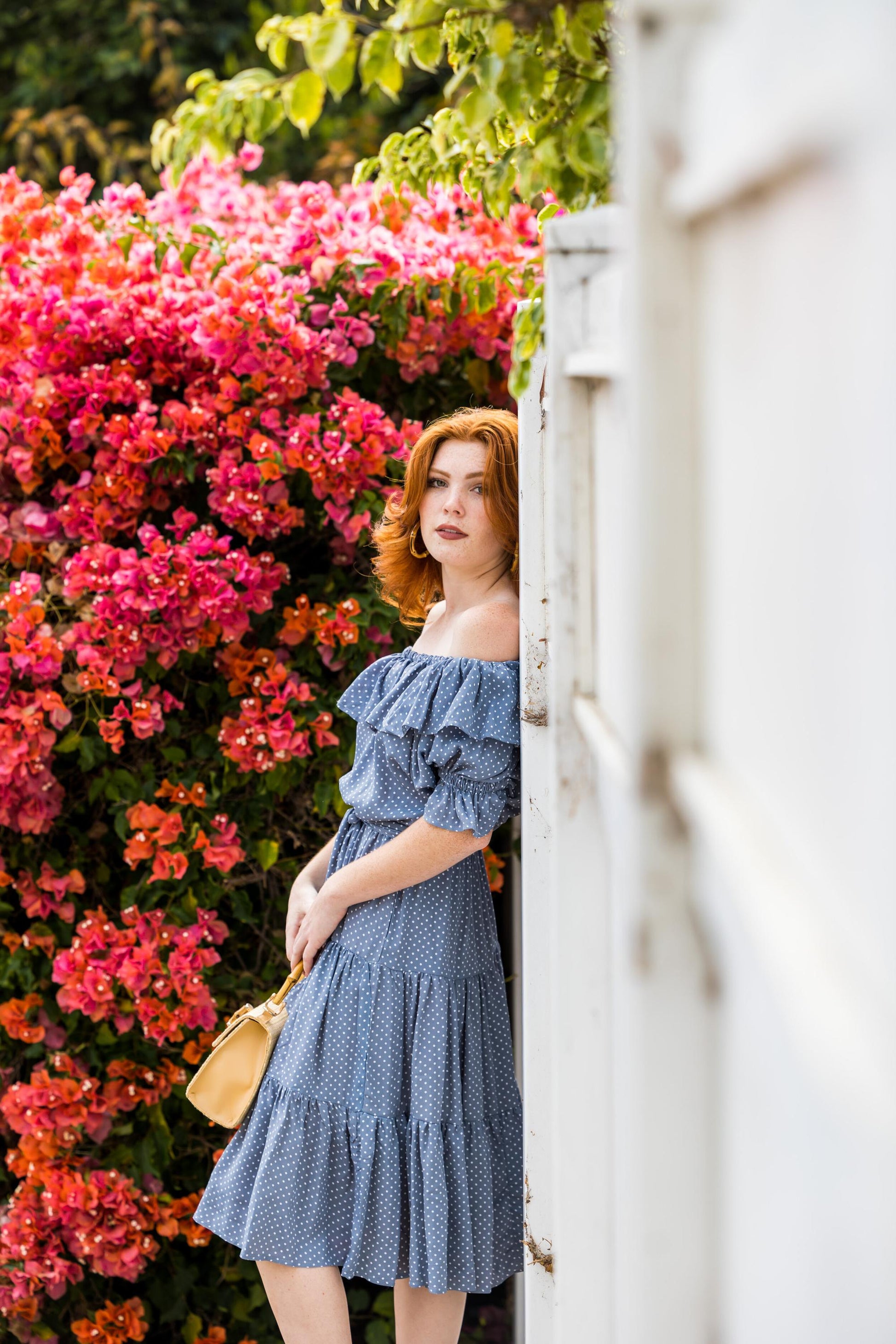 polka dot veranda dress jennafergrace handmadeincalifornia vintage offshoulder ruffle chambray blue white
