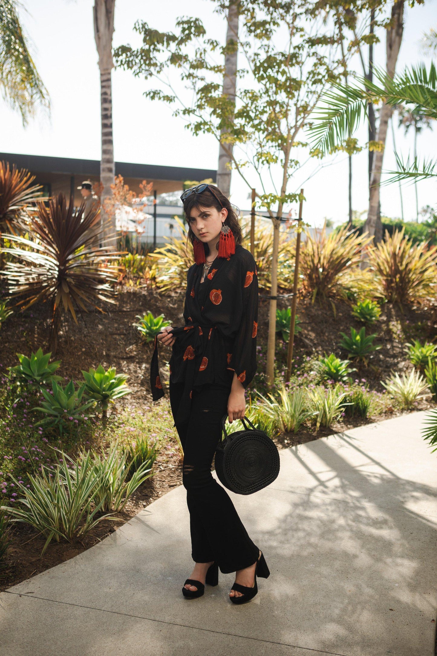 jennafer grace dolman wrap kimono top semi sheer breezy pomegranate print chiffon black red blouse shirt rocker chic glam rock cocktail party boho bohemian hippie unisex handmade