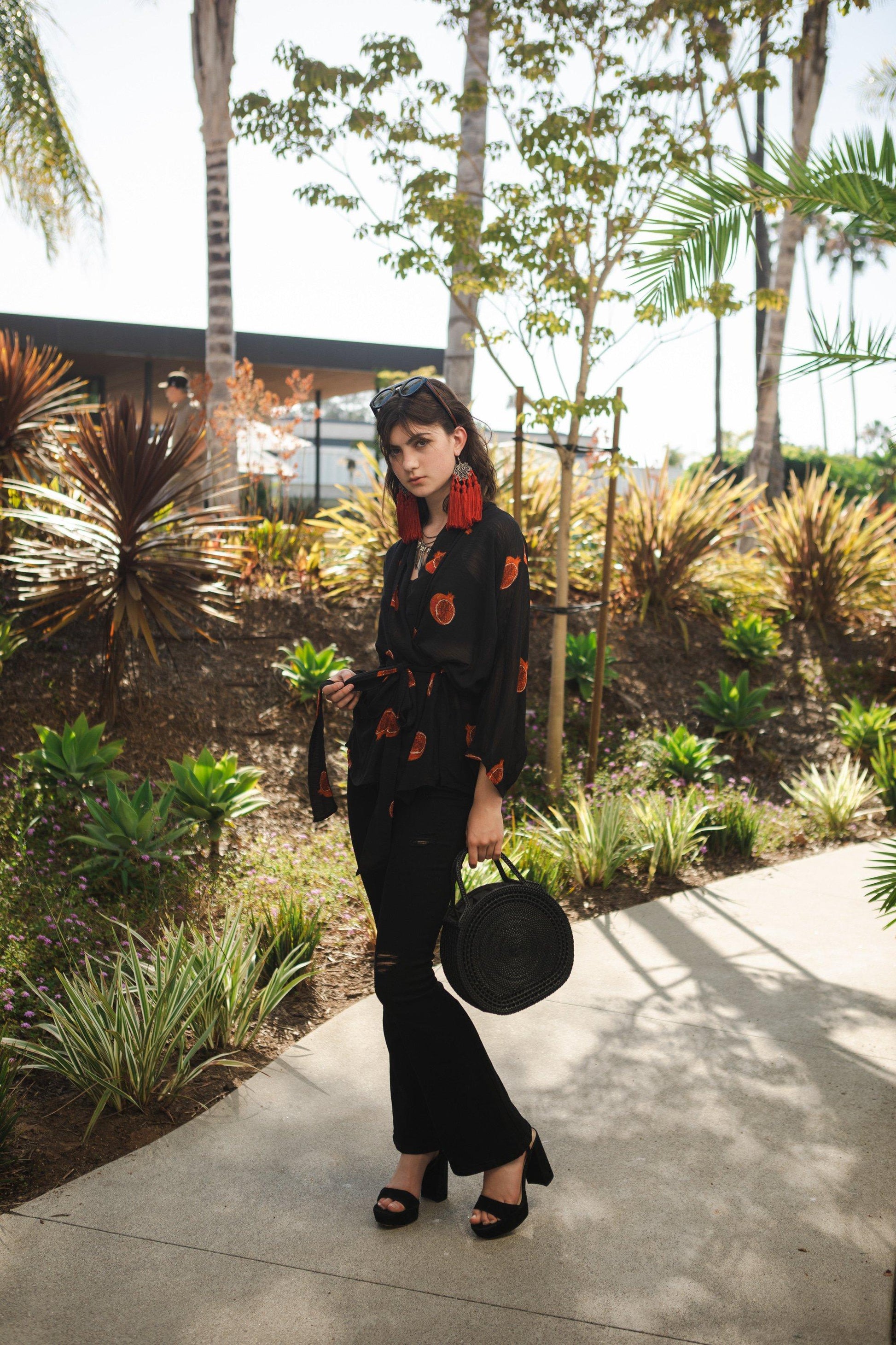 jennafer grace dolman wrap kimono top semi sheer breezy pomegranate print chiffon black red blouse shirt rocker chic glam rock cocktail party boho bohemian hippie unisex handmade