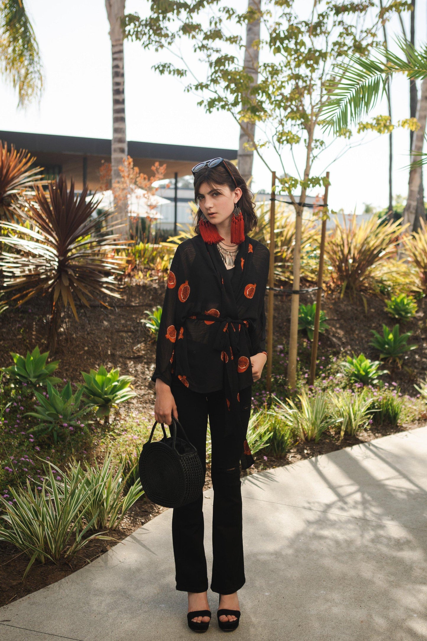 jennafer grace dolman wrap kimono top semi sheer breezy pomegranate print chiffon black red blouse shirt rocker chic glam rock cocktail party boho bohemian hippie unisex handmade