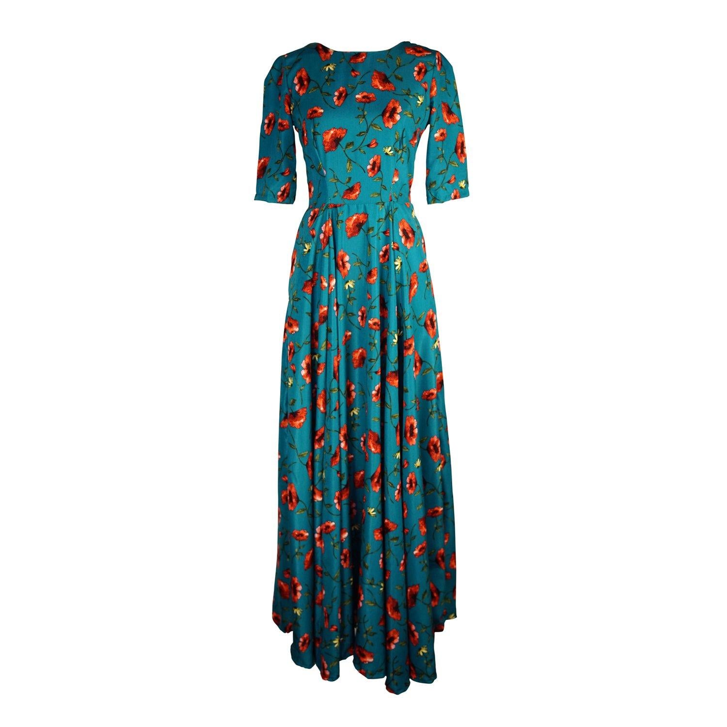 jennafer grace poppy poppies flowers floral blue teal red floor length maxi dress half sleeve reversible boho bohemian hippie handmade