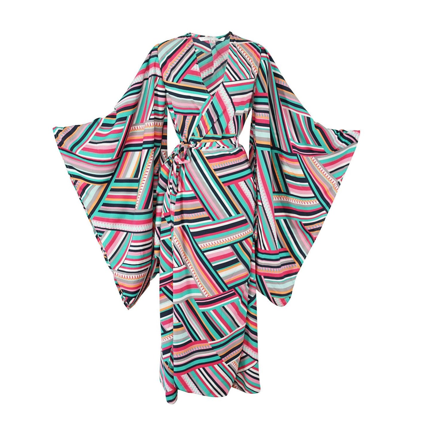 pink, bright, striped, prism, boho, kimono, wrap dress, original style, jennafergrace, handmade, madeinusa