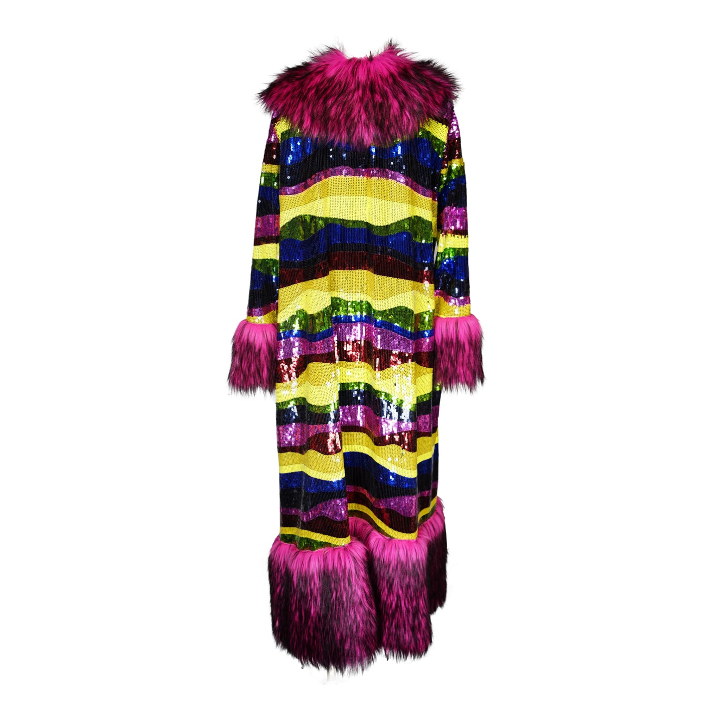 jennafer grace Rainbow Road Sequin deluxe penny lane faux fur duster jacket coat almost famous klaus hargreeves rainbow striped sequins colorful stripes hot pink fuchsia and black faux fur elton john inspired boho bohemian hippie romantic whimsical retro opera coat 70s revival 1970s unisex handmade in California USA