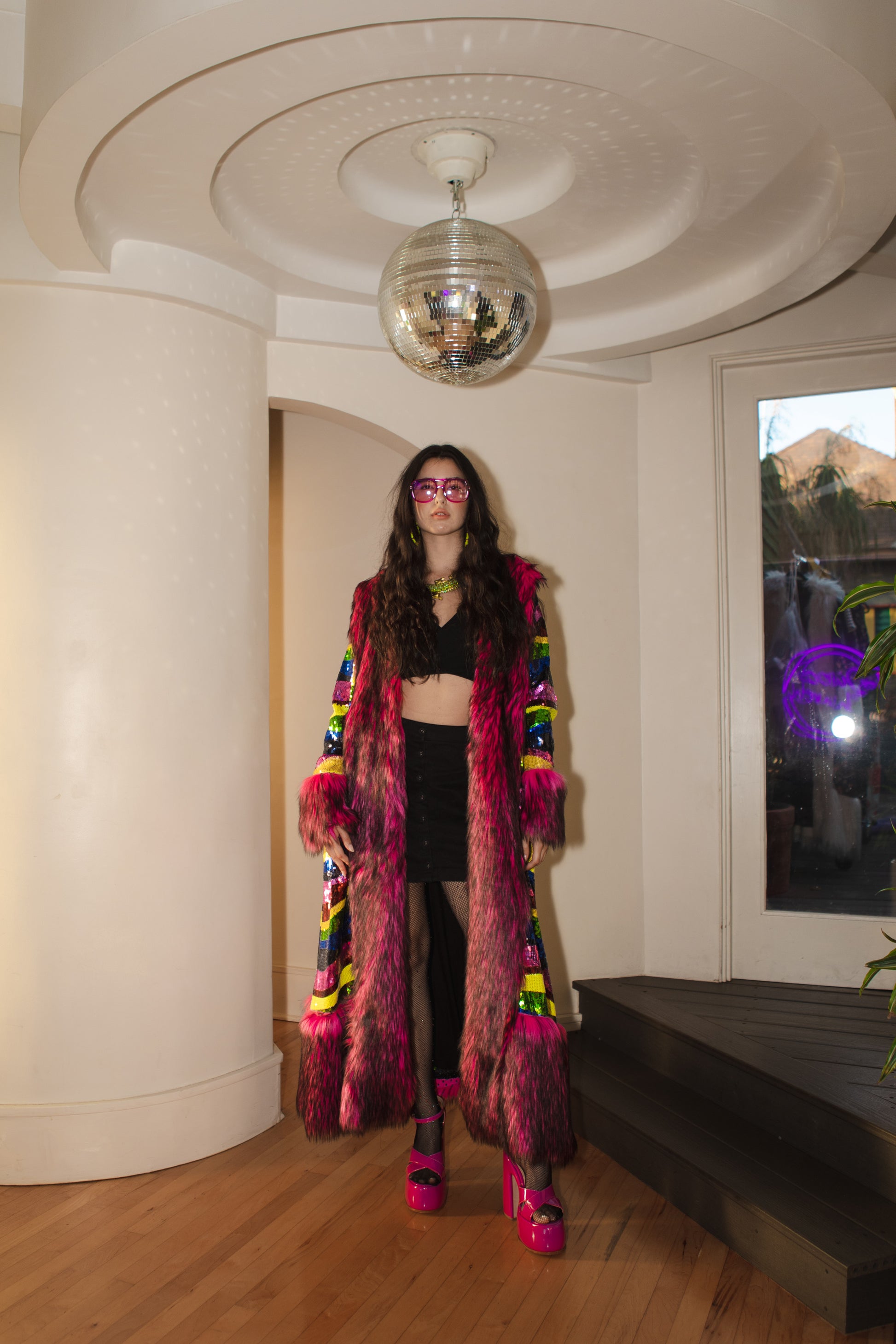 jennafer grace Rainbow Road Sequin deluxe penny lane faux fur duster jacket coat almost famous klaus hargreeves rainbow striped sequins colorful stripes hot pink fuchsia and black faux fur elton john inspired boho bohemian hippie romantic whimsical retro opera coat 70s revival 1970s unisex handmade in California USA