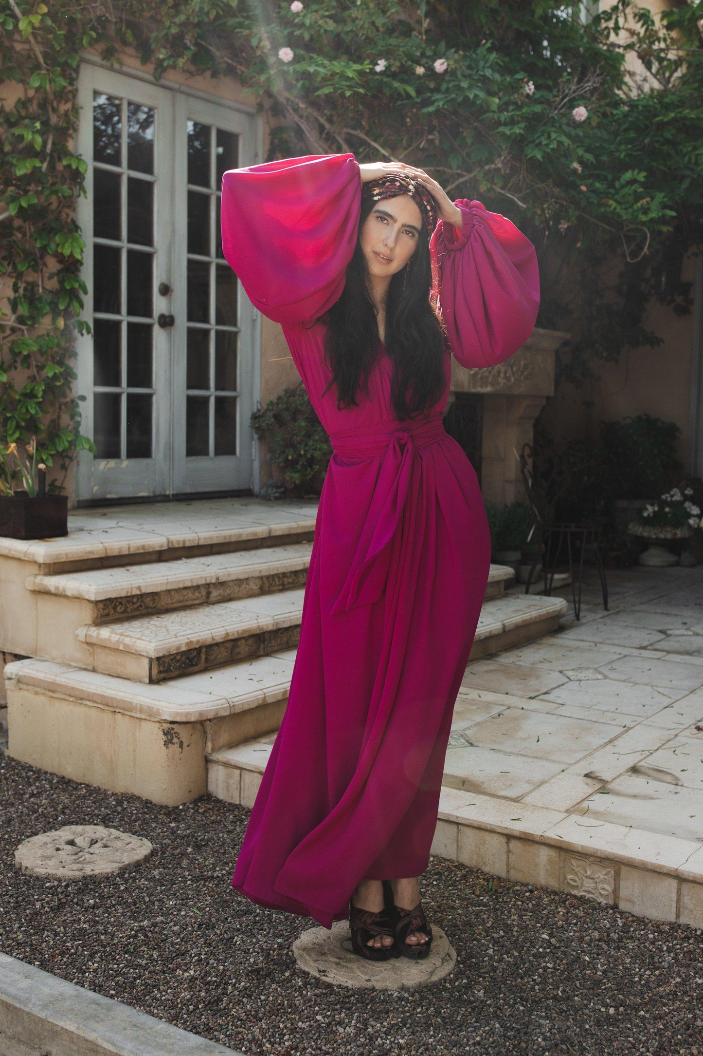 fuchsia pink raspberry stardust maxi dress volume balloon sleeve voluminous circle skirt jennafer grace handmade