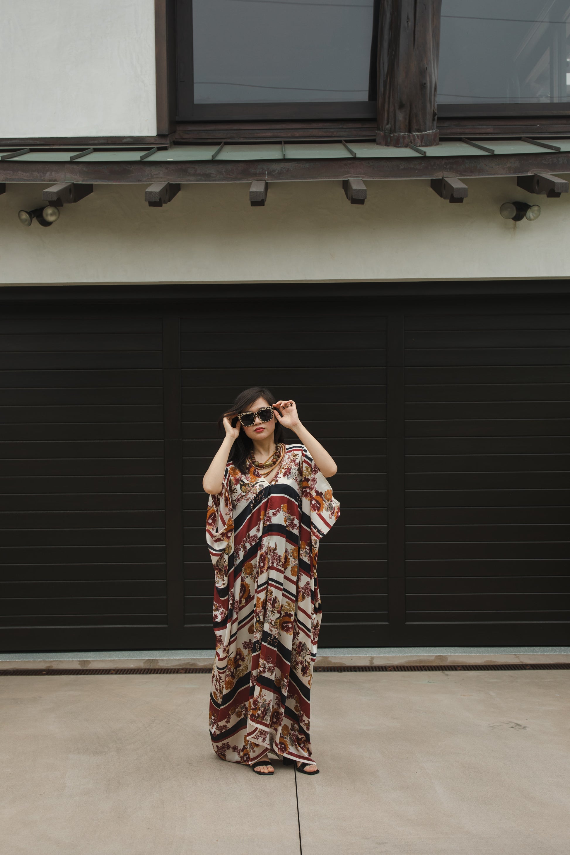 jennafer grace Chestnut Chickadee caftan burnt sienna burgundy black horizontal stripes stripe striped autumnal turmeric yellow orange avian floral print kaftan mumu shift dress coverup casual boho bohemian hippie beach resort spa lounge loungewear layering unisex handmade in California USA