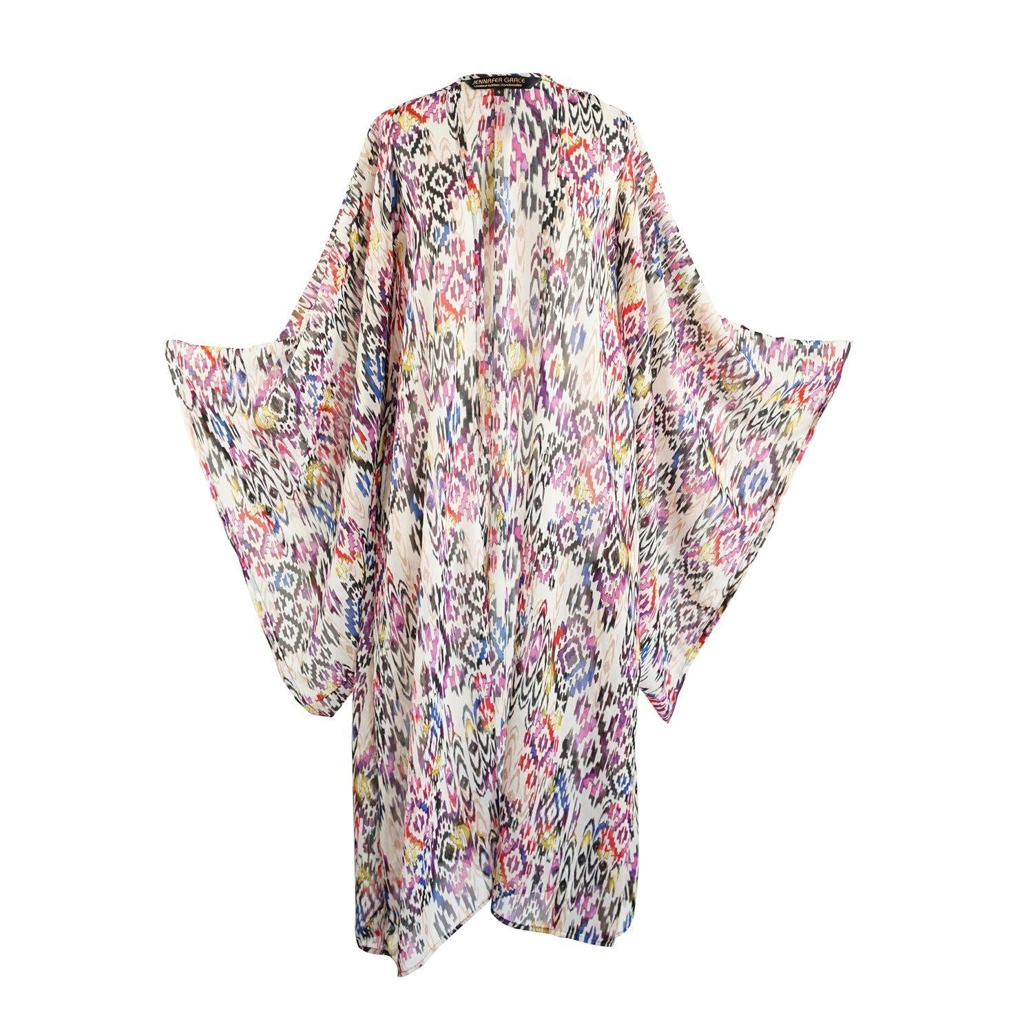 jennafer grace kimono semi sheer rainbow tribal chiffon coverup wrap dress duster boho bohemian hippie handmade