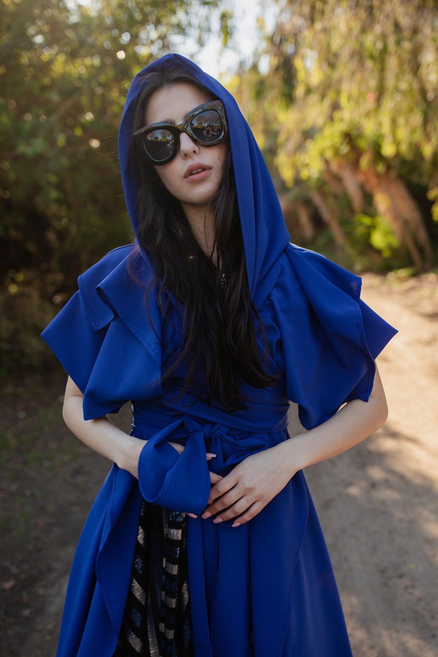 jennafer grace royal blue trench cloak witchy nerdchic post apocalyptic post apo wasteland end of world elf elven fairy cosplay unisex handmade