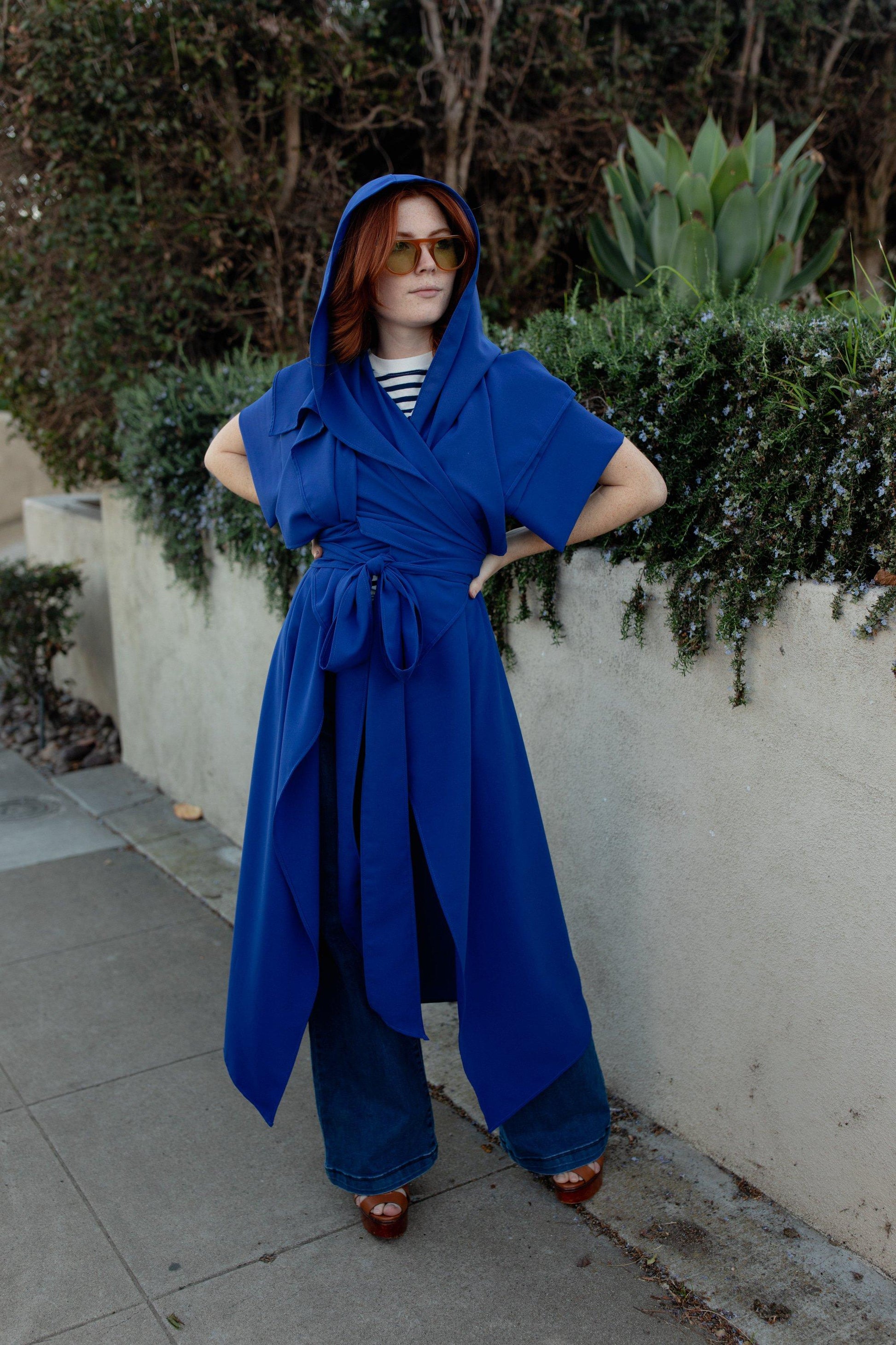 jennafer grace royal blue trench cloak witchy nerdchic post apocalyptic post apo wasteland end of world elf elven fairy cosplay unisex handmade