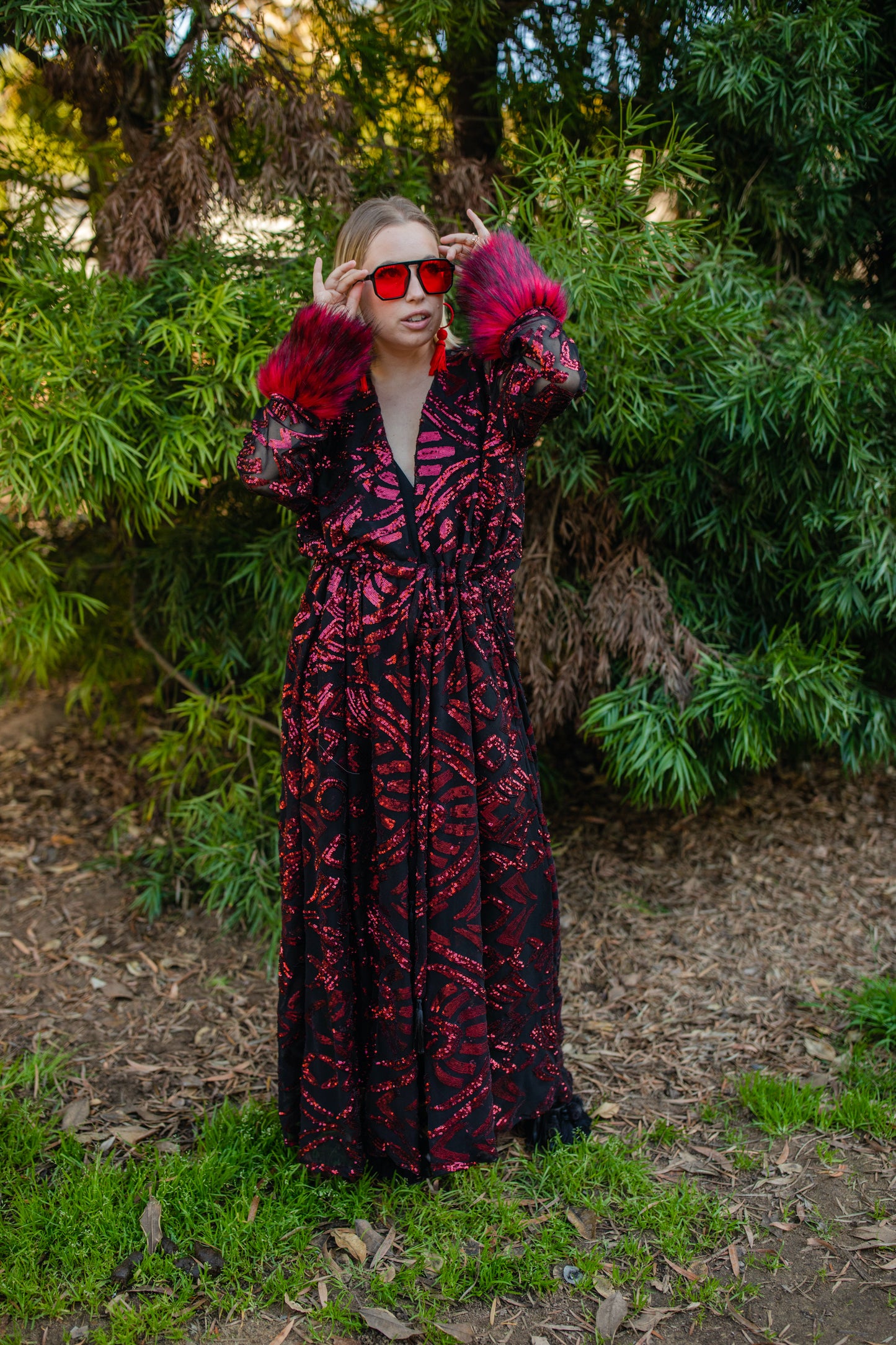 jennafer grace Ruby sequin faux fur cuff duster jacket retro 70s red sequined black mesh goth gothic boho bohemian old hollywood glam unisex handmade in California USA