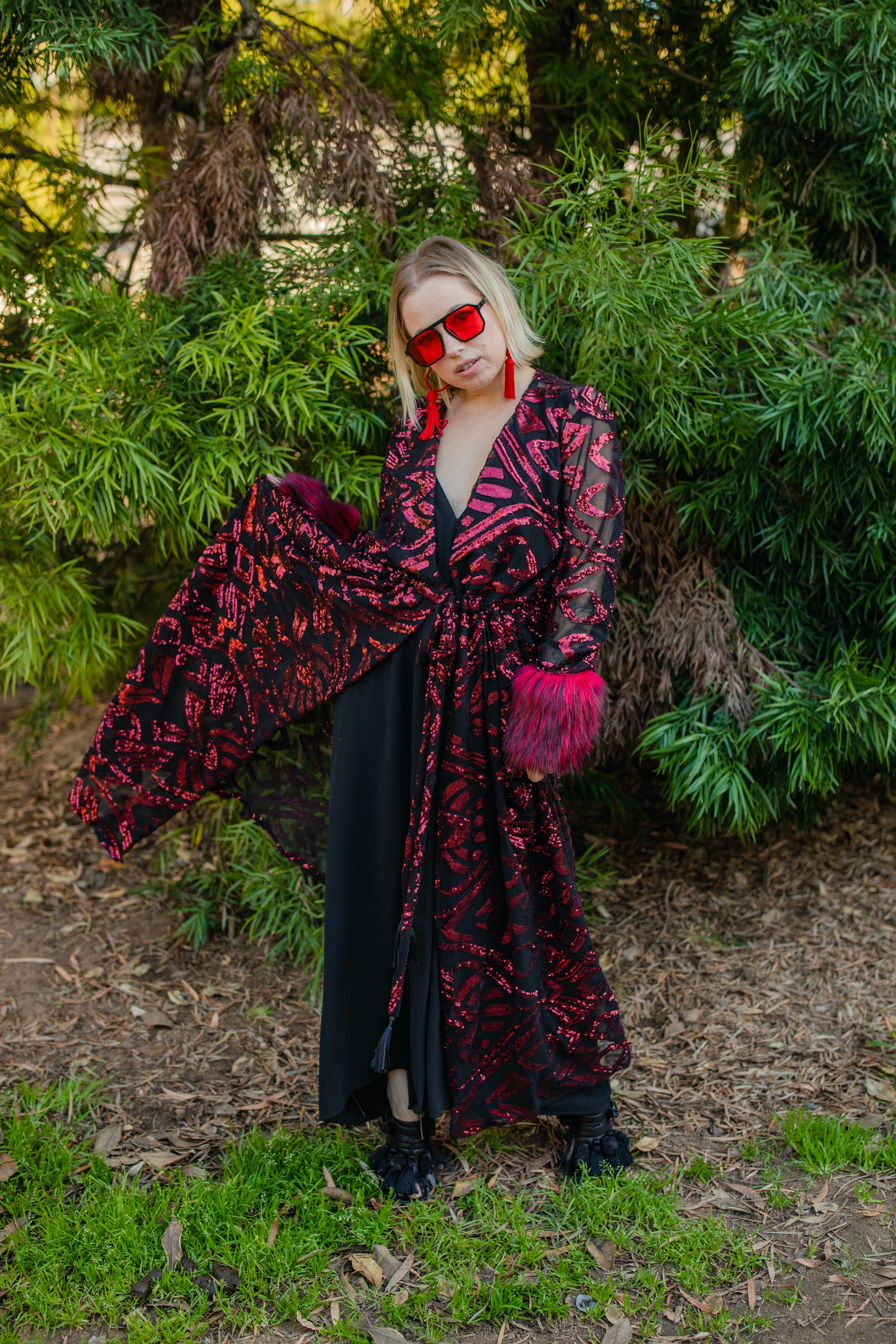 jennafer grace Ruby sequin faux fur cuff duster jacket retro 70s red sequined black mesh goth gothic boho bohemian old hollywood glam unisex handmade in California USA